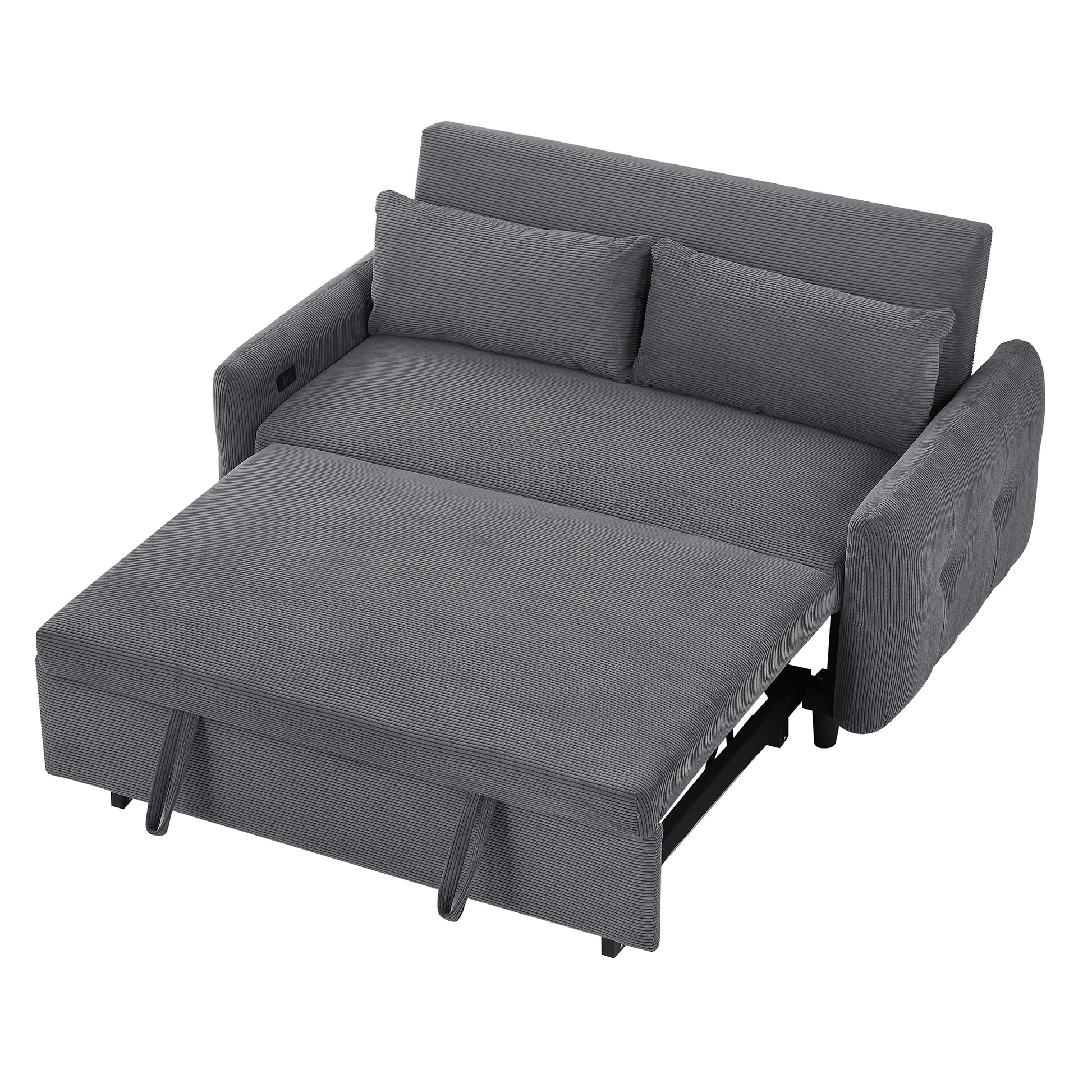 57.48" Pull Out Sofa Bed Convertible Couch 2 Seat Loveseat Sofa Modern Sleeper Sofa With Two Throw Pillows And Usb Ports For Living Room, Dark Grey Old Sku:Wf317760Aar Dark Grey Foam Corduroy 2 Seat