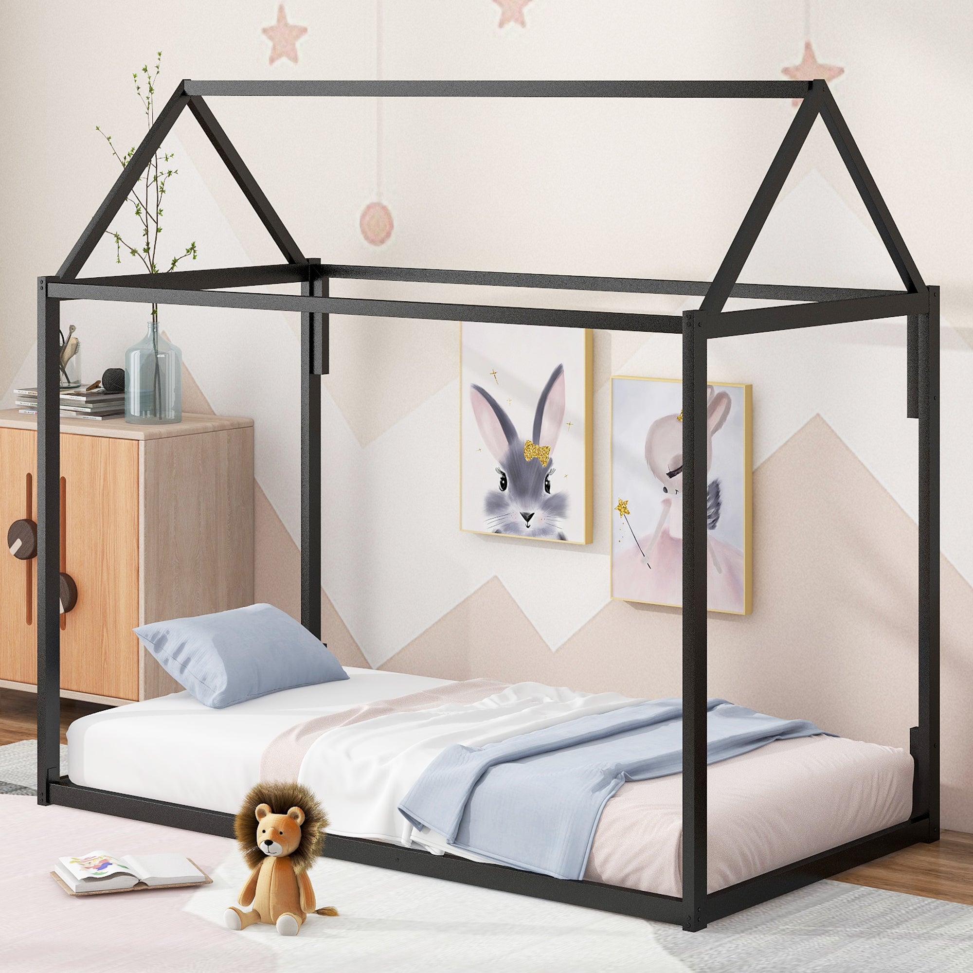 Metal House Shape Platform Bed, Twin Black Metal