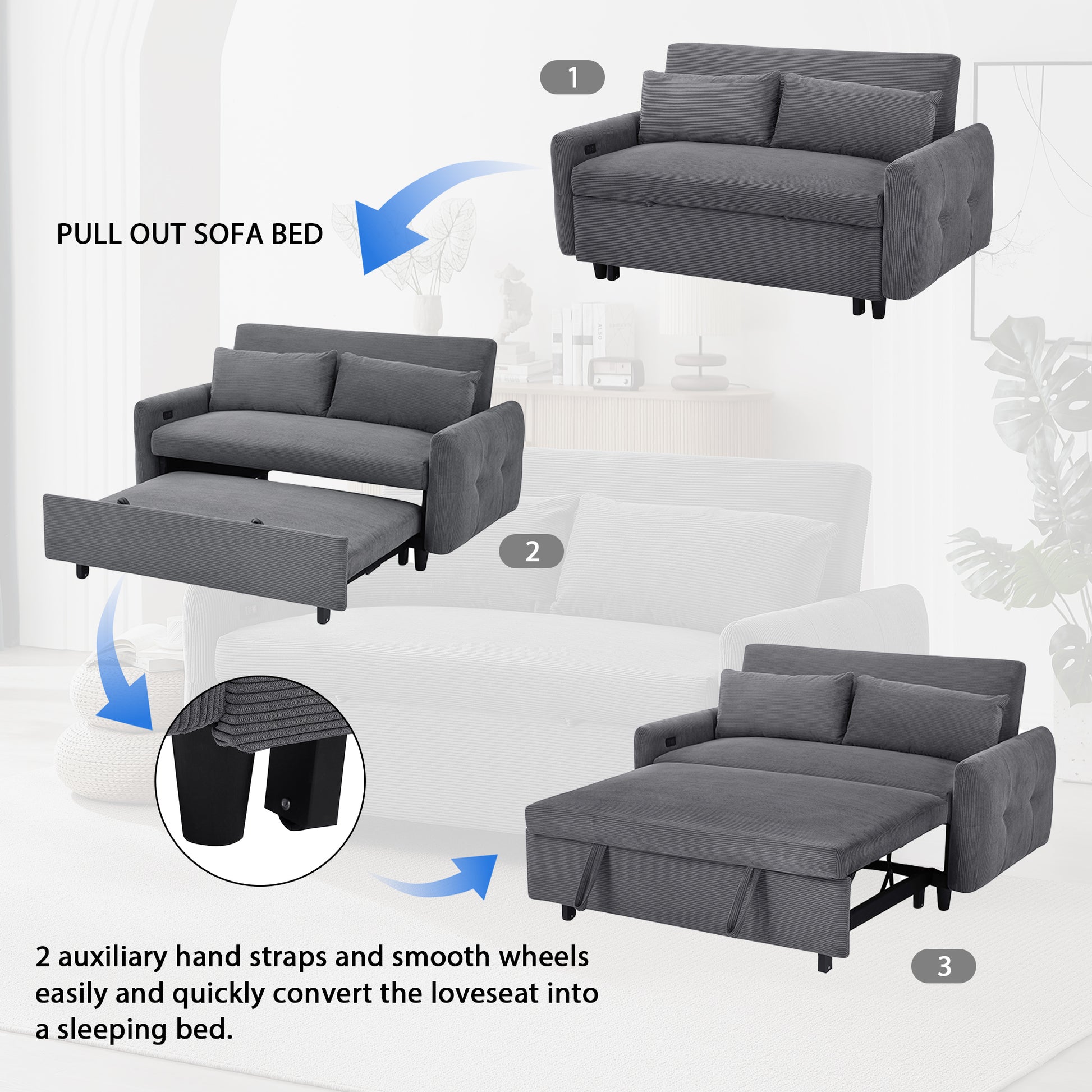 57.48" Pull Out Sofa Bed Convertible Couch 2 Seat Loveseat Sofa Modern Sleeper Sofa With Two Throw Pillows And Usb Ports For Living Room, Dark Grey Dark Grey Foam Corduroy