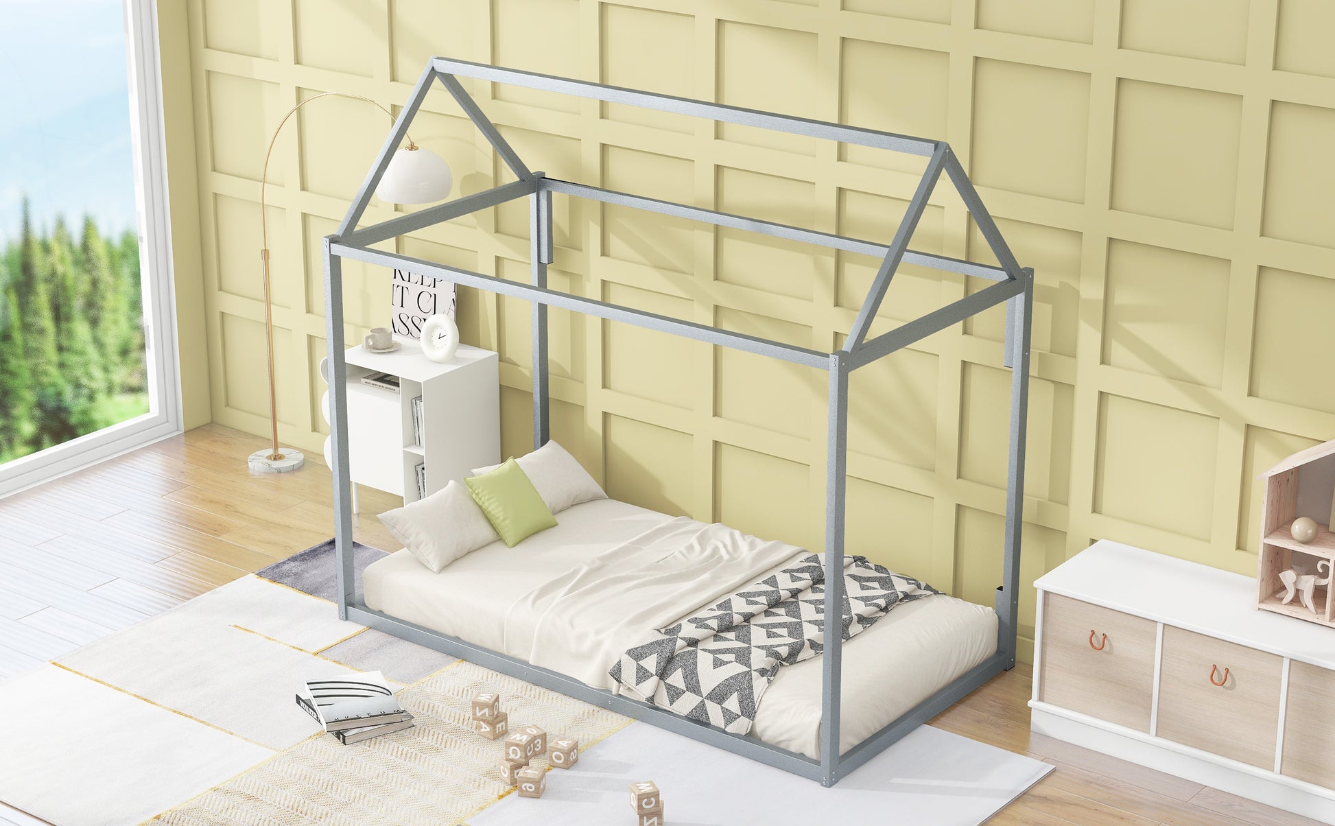 Metal House Shape Platform Bed, Twin Silver Metal