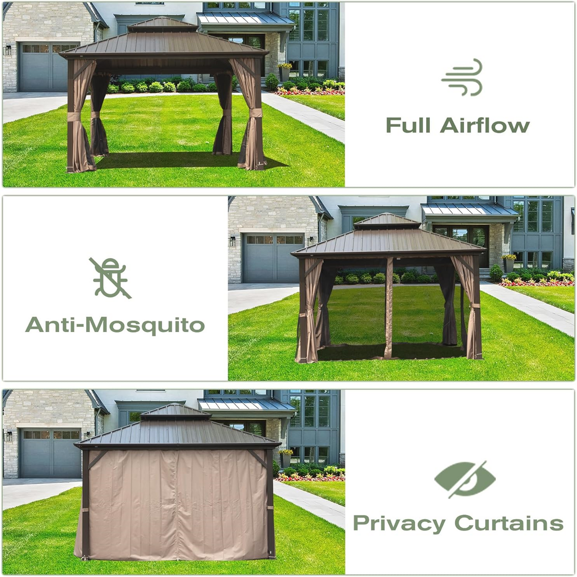 10' X 12' Hardtop Gazebo, Aluminum Metal Gazebo With Galvanized Steel Double Roof Canopy, Curtain And Netting, Permanent Gazebo Pavilion For Party, Wedding, Outdoor Dining, Brown Brown Aluminum