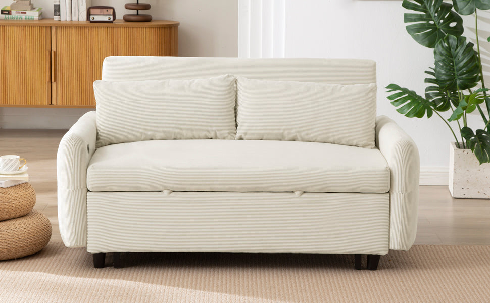 57.48" Pull Out Sofa Bed Convertible Couch 2 Seat Loveseat Sofa Modern Sleeper Sofa With Two Throw Pillows And Usb Ports For Living Room, Beige Old Sku:Wf317760Aaa Beige Foam Corduroy 2 Seat