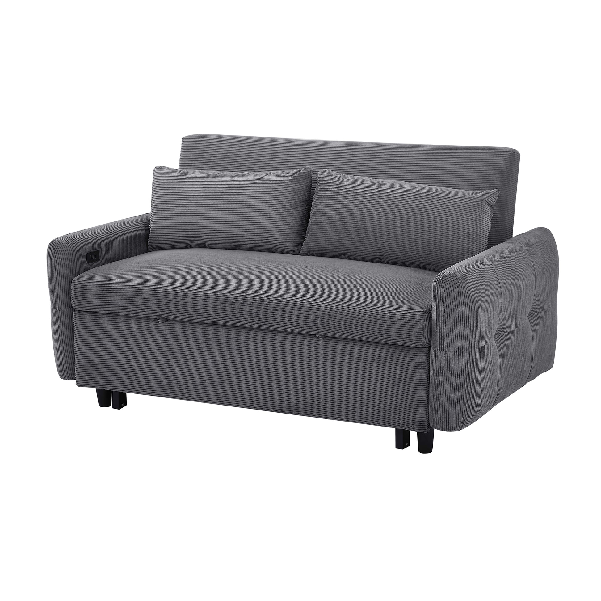 57.48" Pull Out Sofa Bed Convertible Couch 2 Seat Loveseat Sofa Modern Sleeper Sofa With Two Throw Pillows And Usb Ports For Living Room, Dark Grey Dark Grey Foam Corduroy