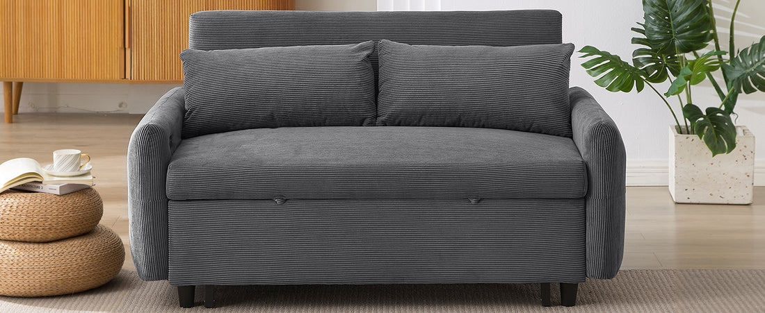 57.48" Pull Out Sofa Bed Convertible Couch 2 Seat Loveseat Sofa Modern Sleeper Sofa With Two Throw Pillows And Usb Ports For Living Room, Dark Grey Old Sku:Wf317760Aar Dark Grey Foam Corduroy 2 Seat