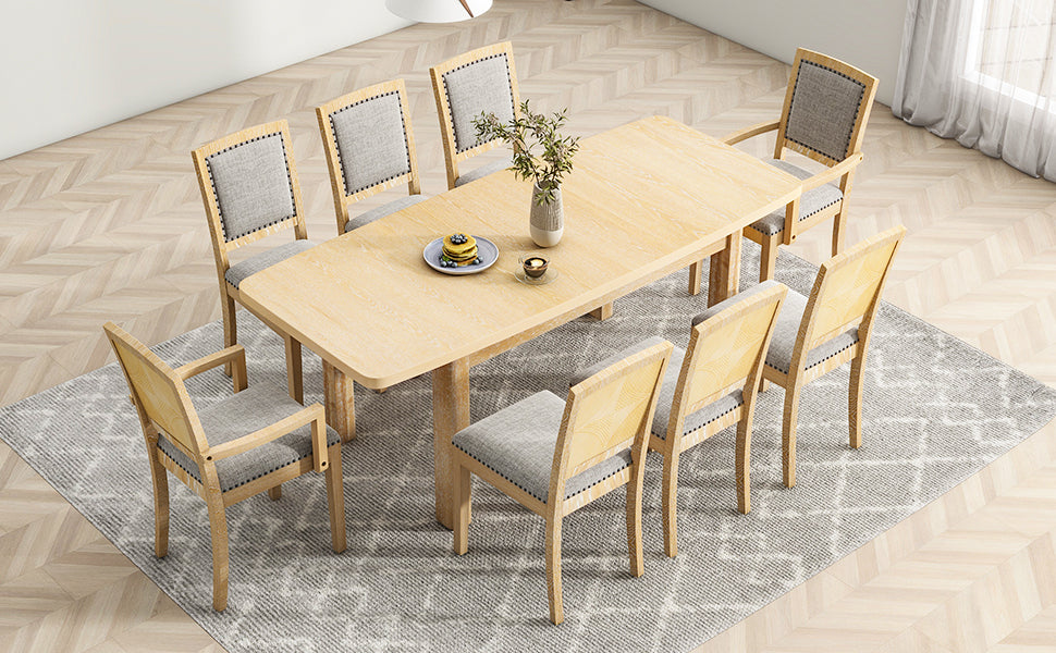 Rustic Extendable 84Inch Dining Table Set With 24Inch Removable Leaf6 Upholstered Armless Dining Chairs And 2 Padded Arm Chairs, 9 Pieces, Natural Wood Dining Room Extendable Rubberwood Rectangular Dining Table With Chair Upholstered Chair Wood Natural