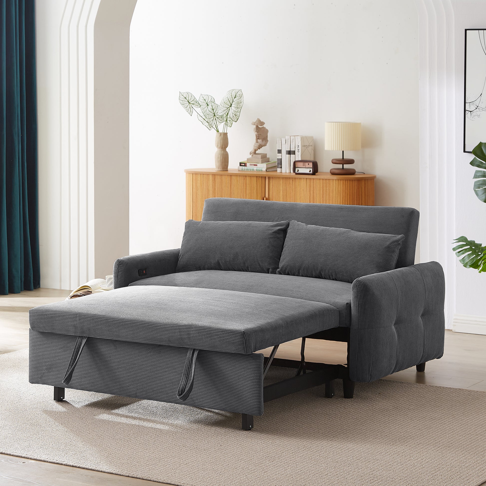 57.48" Pull Out Sofa Bed Convertible Couch 2 Seat Loveseat Sofa Modern Sleeper Sofa With Two Throw Pillows And Usb Ports For Living Room, Dark Grey Dark Grey Foam Corduroy