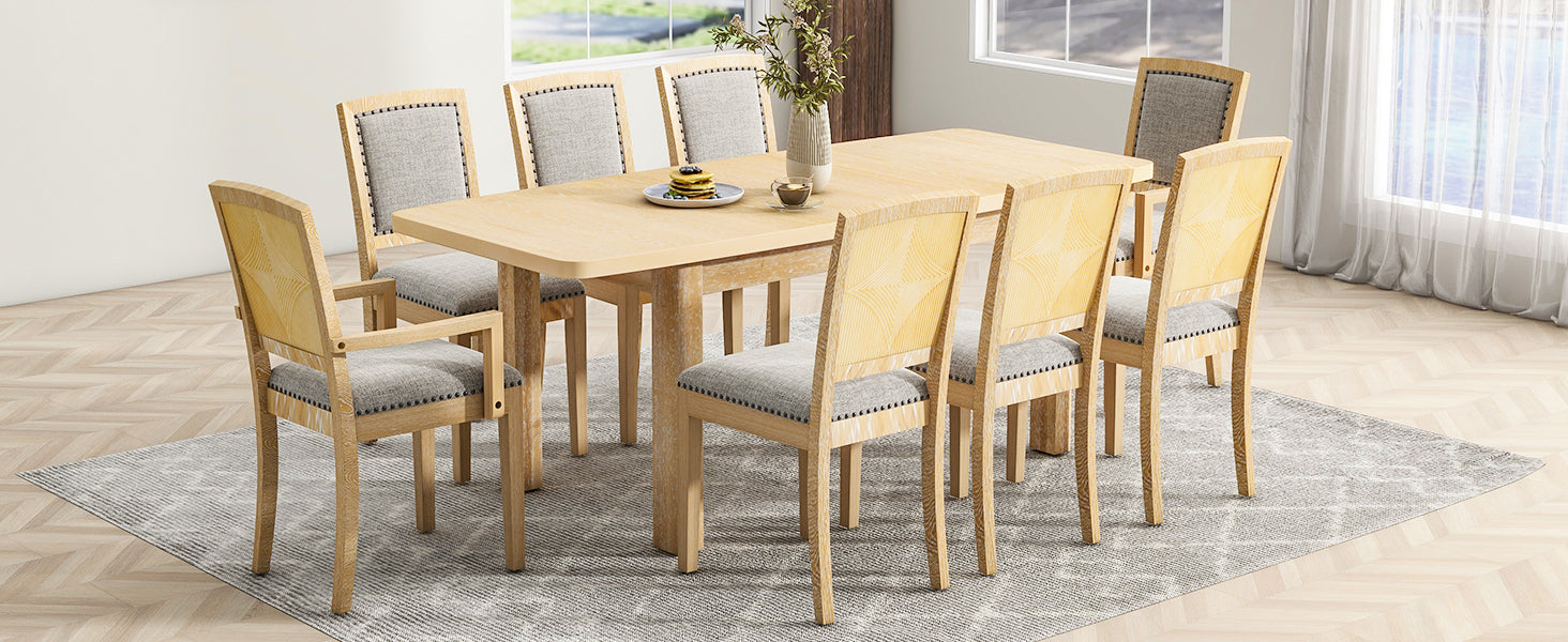 Rustic Extendable 84Inch Dining Table Set With 24Inch Removable Leaf6 Upholstered Armless Dining Chairs And 2 Padded Arm Chairs, 9 Pieces, Natural Wood Dining Room Extendable Rubberwood Rectangular Dining Table With Chair Upholstered Chair Wood Natural