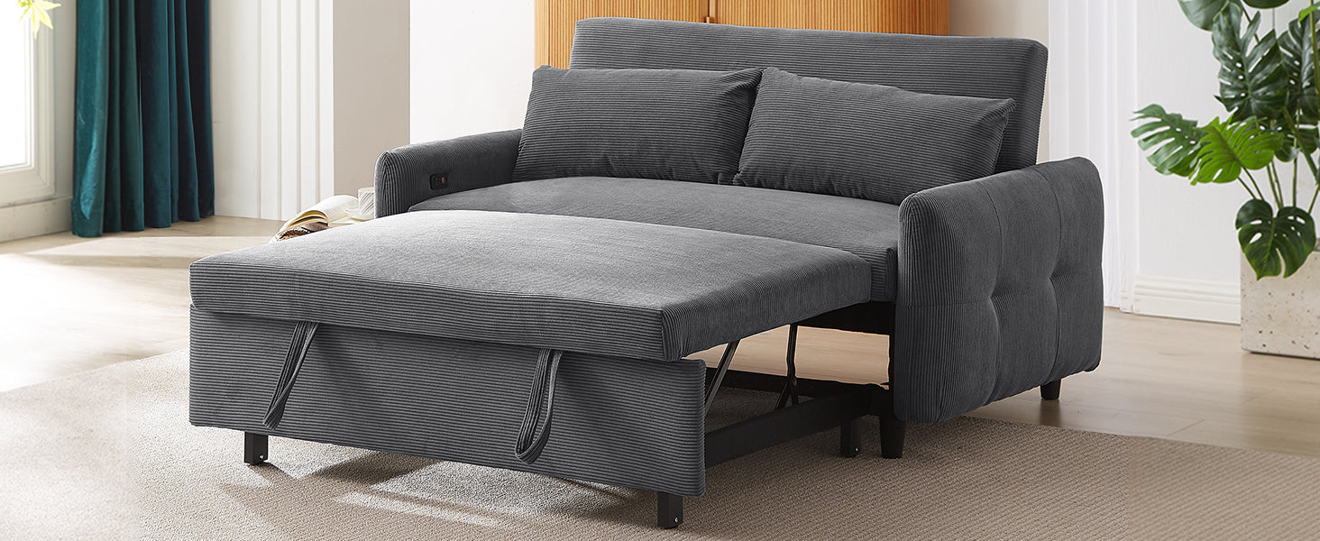 57.48" Pull Out Sofa Bed Convertible Couch 2 Seat Loveseat Sofa Modern Sleeper Sofa With Two Throw Pillows And Usb Ports For Living Room, Dark Grey Dark Grey Foam Corduroy
