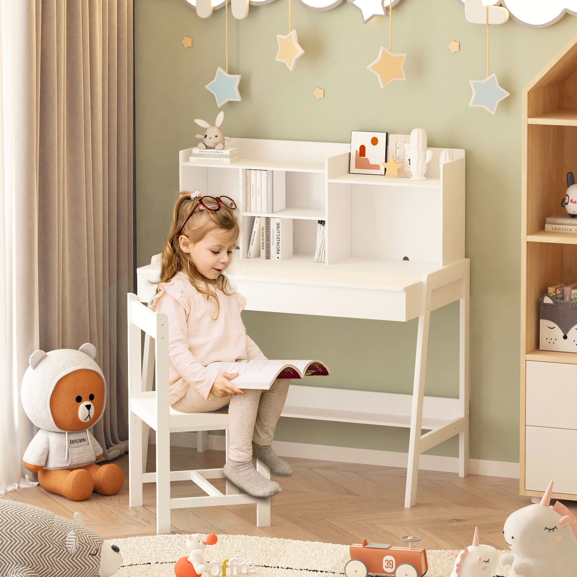 Modern Classic Desk, Children'S Desk, Solid Wood Desk, Bedroom Boy And Girl Family Desk And Chair Set, Compact, Multi Space Available, Multi Color Optional, Multi Storage Space, Color:White White Light Brown Desk And Chair Set Study Classic Pine