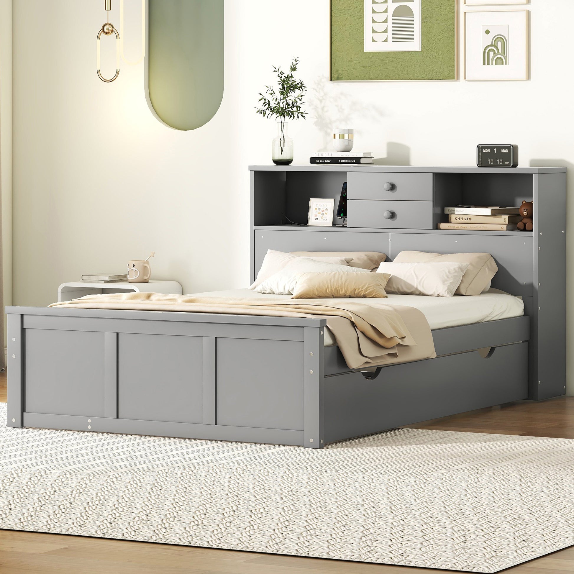 Full Size Wood Pltaform Bed With Win Size Trundle, 3 Drawers, Upper Shelves And A Set Of Usb Ports & Sockets, Gray Gray Solid Wood Mdf