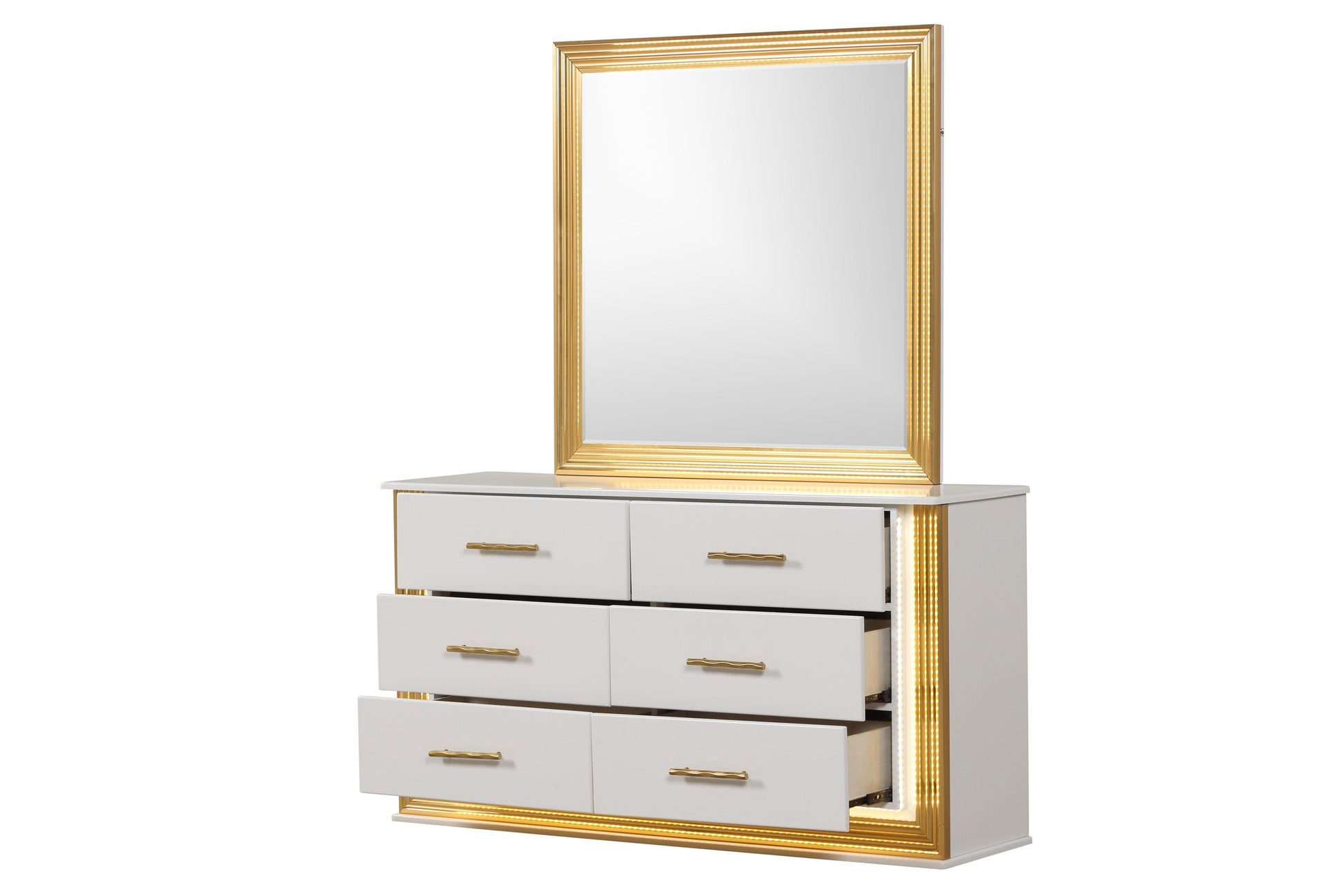 Contemporary Style 5Pc Queen Bedroom Set Made With Wood & Gold Finish Box Spring Not Required Queen White Wood 5 Piece Set Bedroom Bed Included,Chest Included,Dresser Included,Mirror Included,Nightstand Included Contemporary,Modern Solid Wood Mdf Built