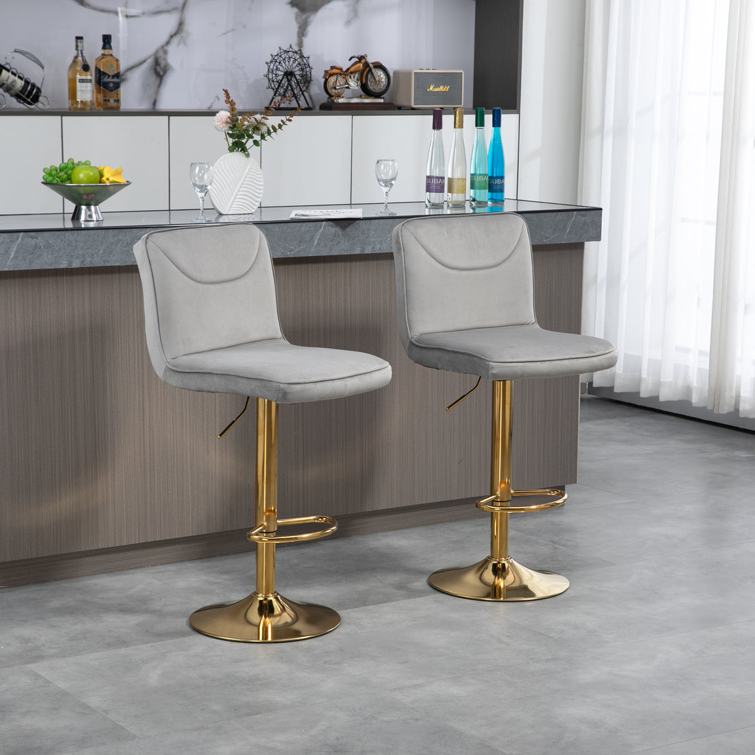 Coolmore Bar Stools With Back And Footrest Counter Height Dining Chairs 2Pc Set,360 Velvet Swivel Bar Stools Set Of 2, Adjustable Counter Height Bar Chairs Gray Velvet Gray Primary Living Space Foam Velvet