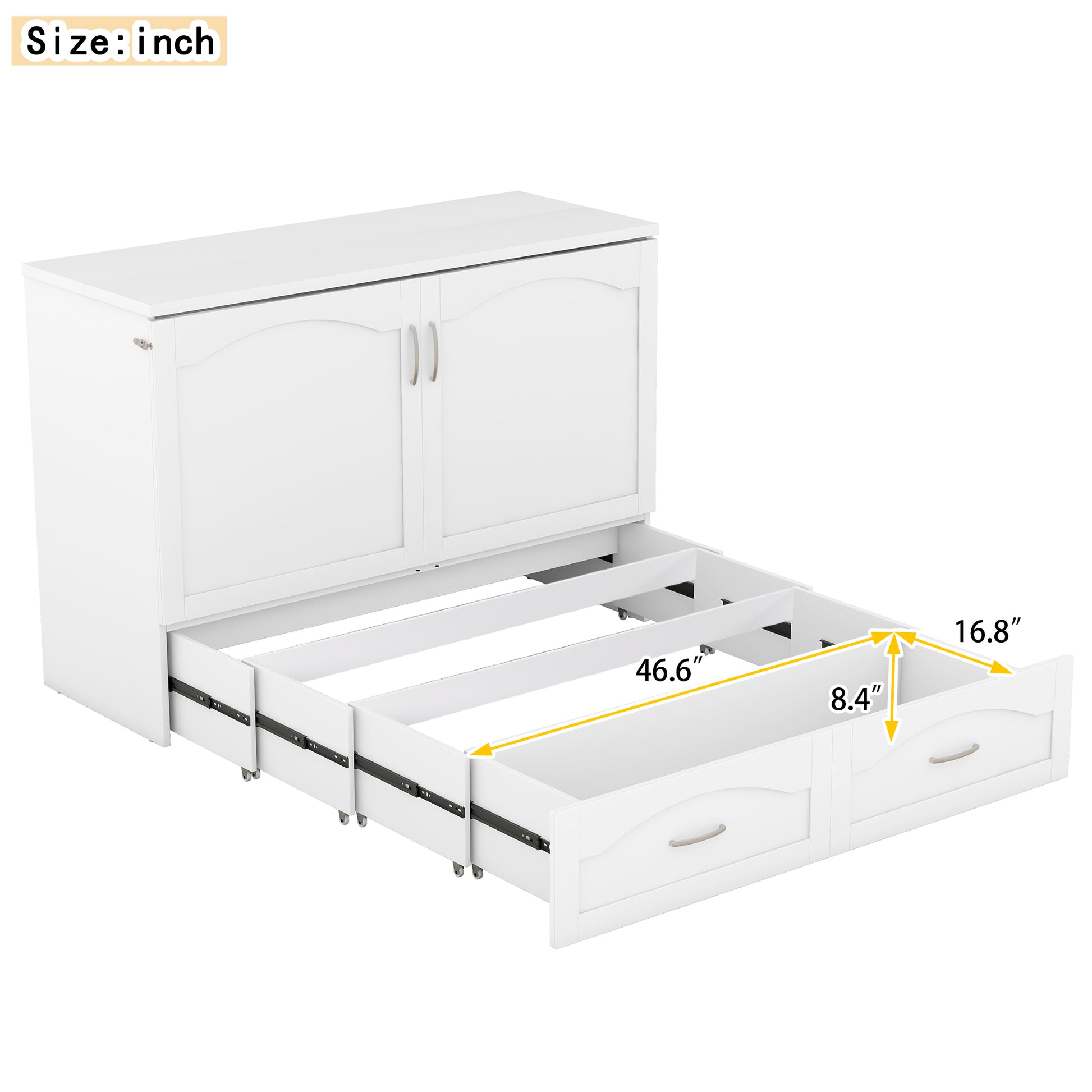 Full Size Murphy Bed Wall Bed With Drawer And A Set Of Sockets & Usb Ports, Pulley Structure Design, White White Solid Wood Mdf