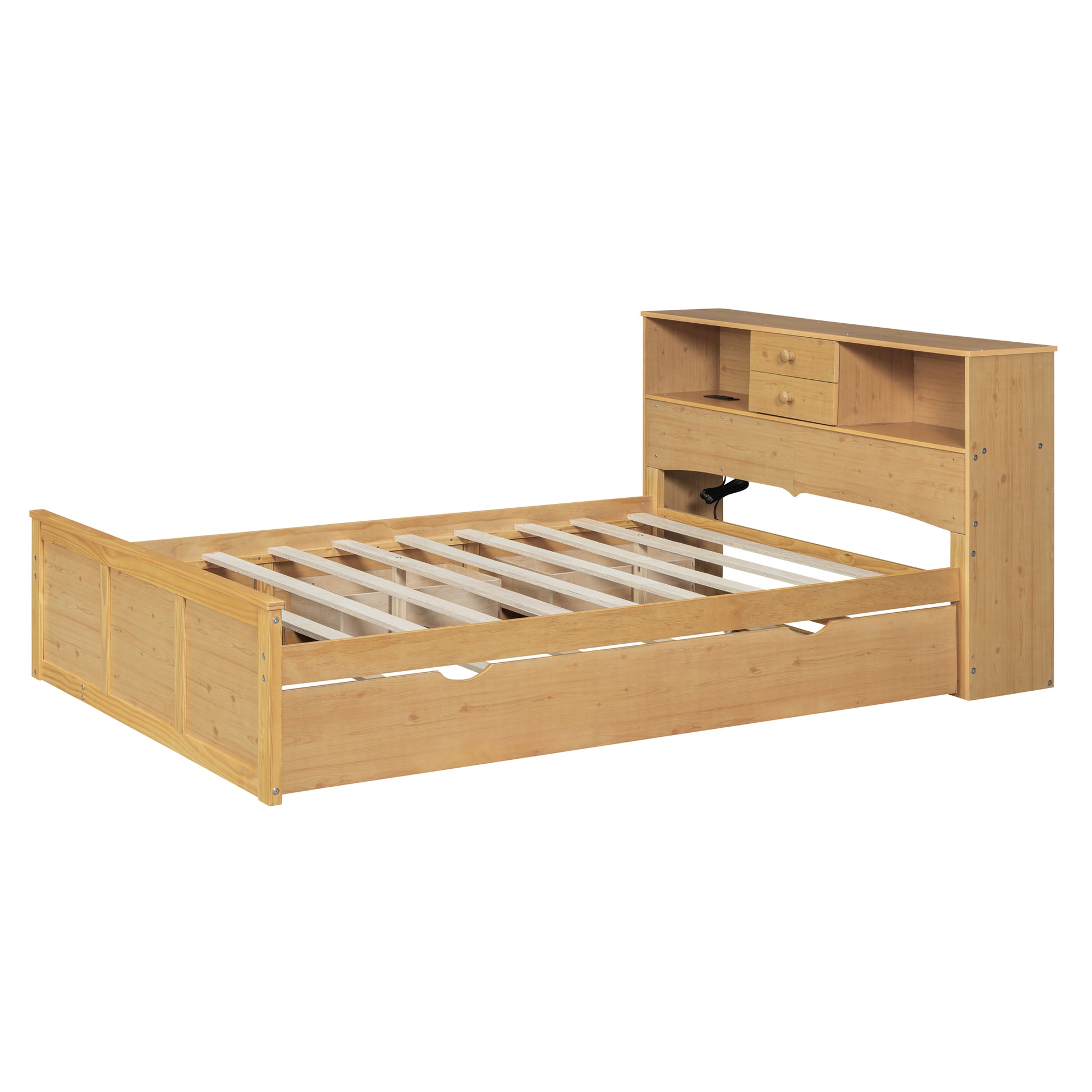 Full Size Wood Pltaform Bed With Twin Size Trundle, 3 Drawers, Upper Shelves And A Set Of Usb Ports & Sockets, Natural Natural Solid Wood Mdf