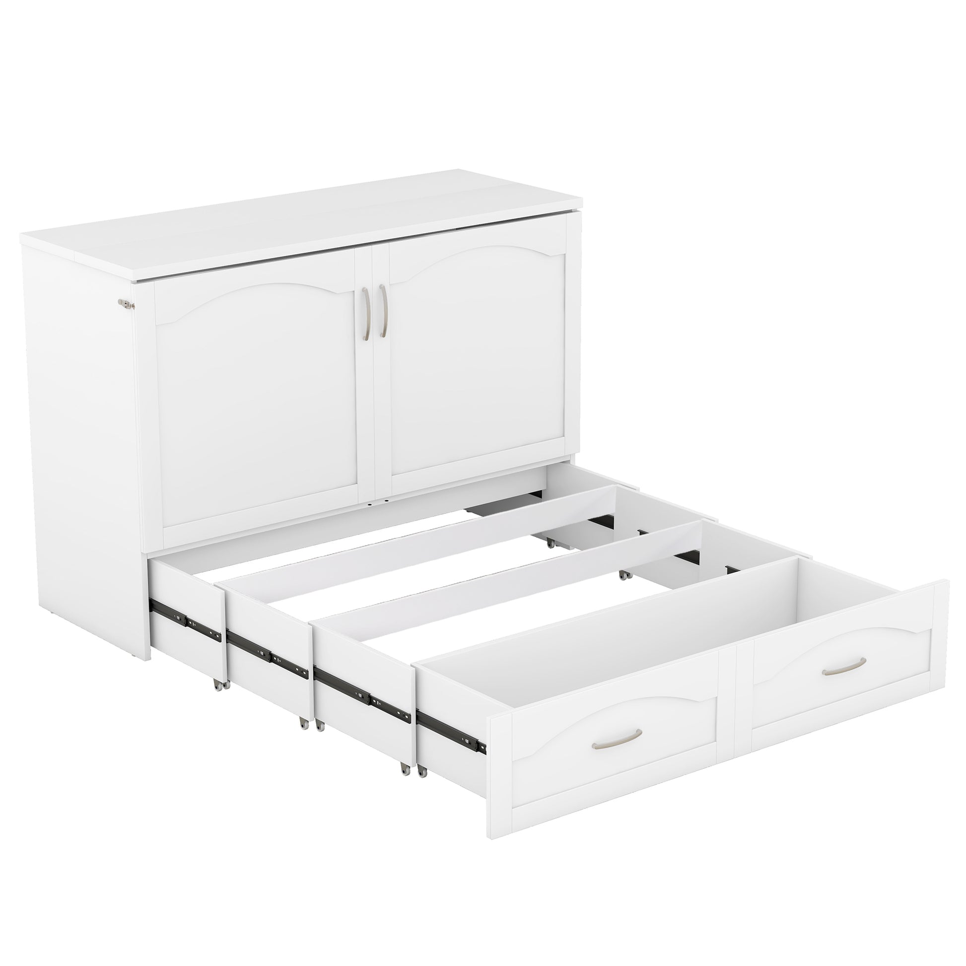 Full Size Murphy Bed Wall Bed With Drawer And A Set Of Sockets & Usb Ports, Pulley Structure Design, White White Solid Wood Mdf
