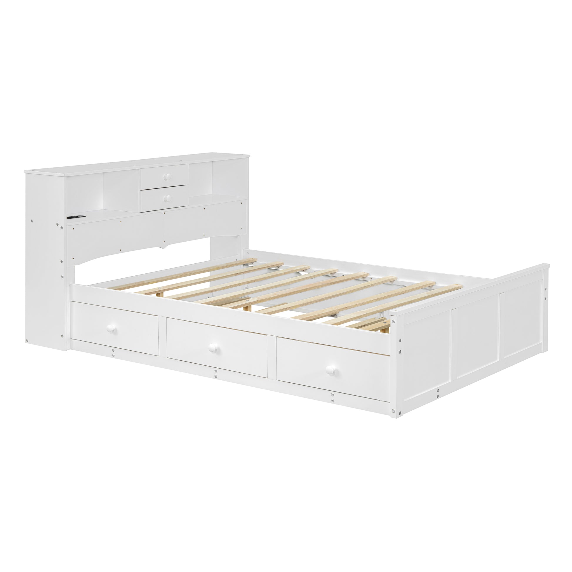 Full Size Wood Pltaform Bed With Win Size Trundle, 3 Drawers, Upper Shelves And A Set Of Usb Ports & Sockets, White White Solid Wood Mdf