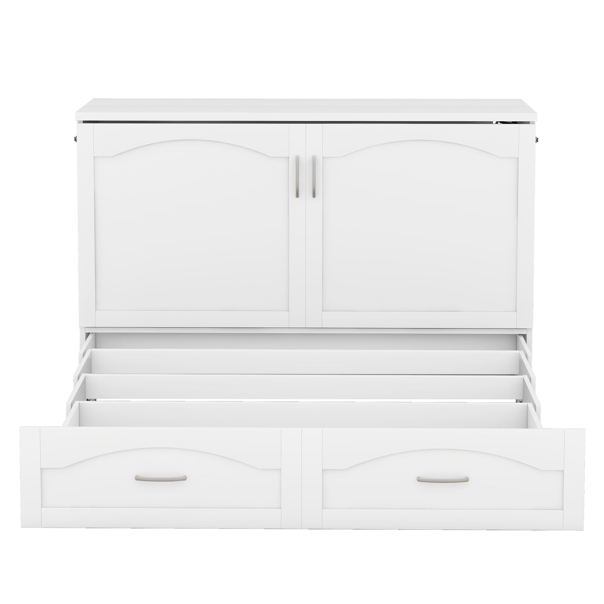 Queen Size Murphy Bed Wall Bed With Drawer And A Set Of Sockets & Usb Ports, Pulley Structure Design, White White Solid Wood Mdf