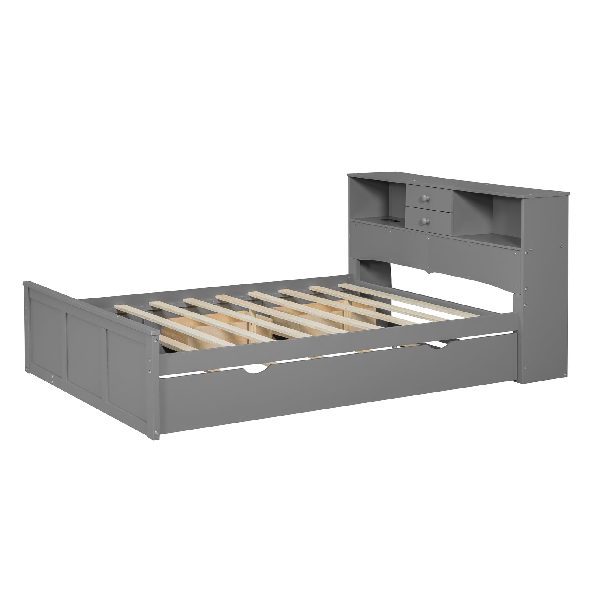 Full Size Wood Pltaform Bed With Win Size Trundle, 3 Drawers, Upper Shelves And A Set Of Usb Ports & Sockets, Gray Gray Solid Wood Mdf