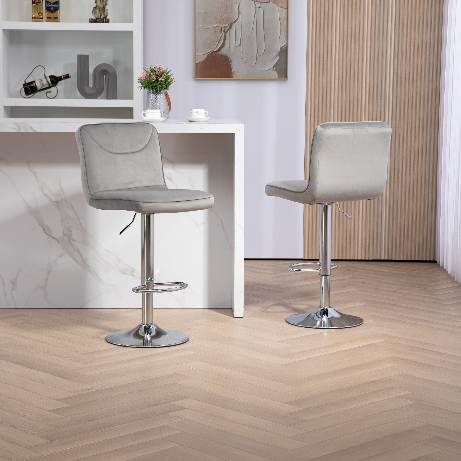 Coolmore Bar Stools With Back And Footrest Counter Height Dining Chairs 2Pc Set,360 Velvet Swivel Bar Stools Set Of 2, Adjustable Counter Height Bar Chairs Gray Velvet Gray Primary Living Space Foam Velvet