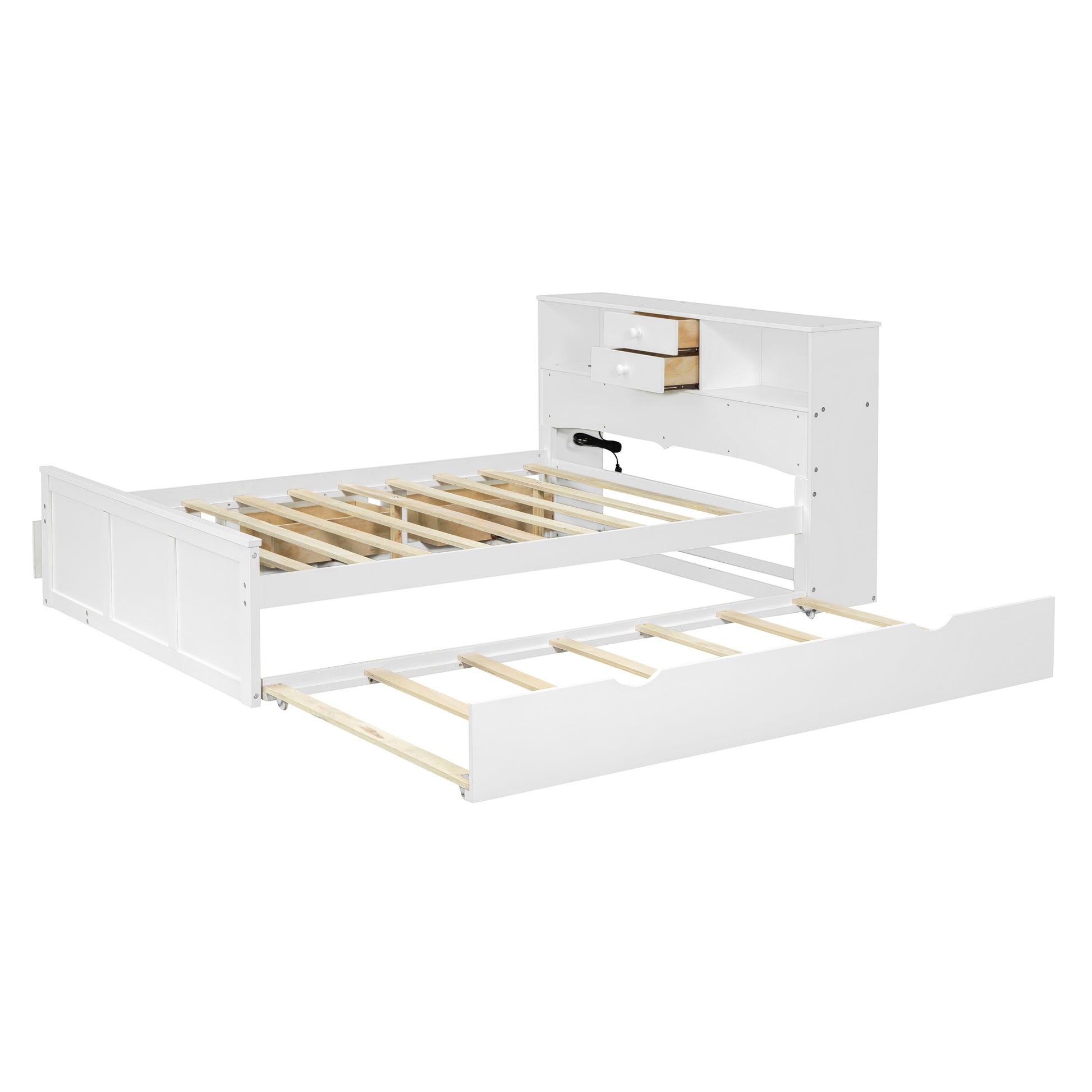 Full Size Wood Pltaform Bed With Win Size Trundle, 3 Drawers, Upper Shelves And A Set Of Usb Ports & Sockets, White White Solid Wood Mdf