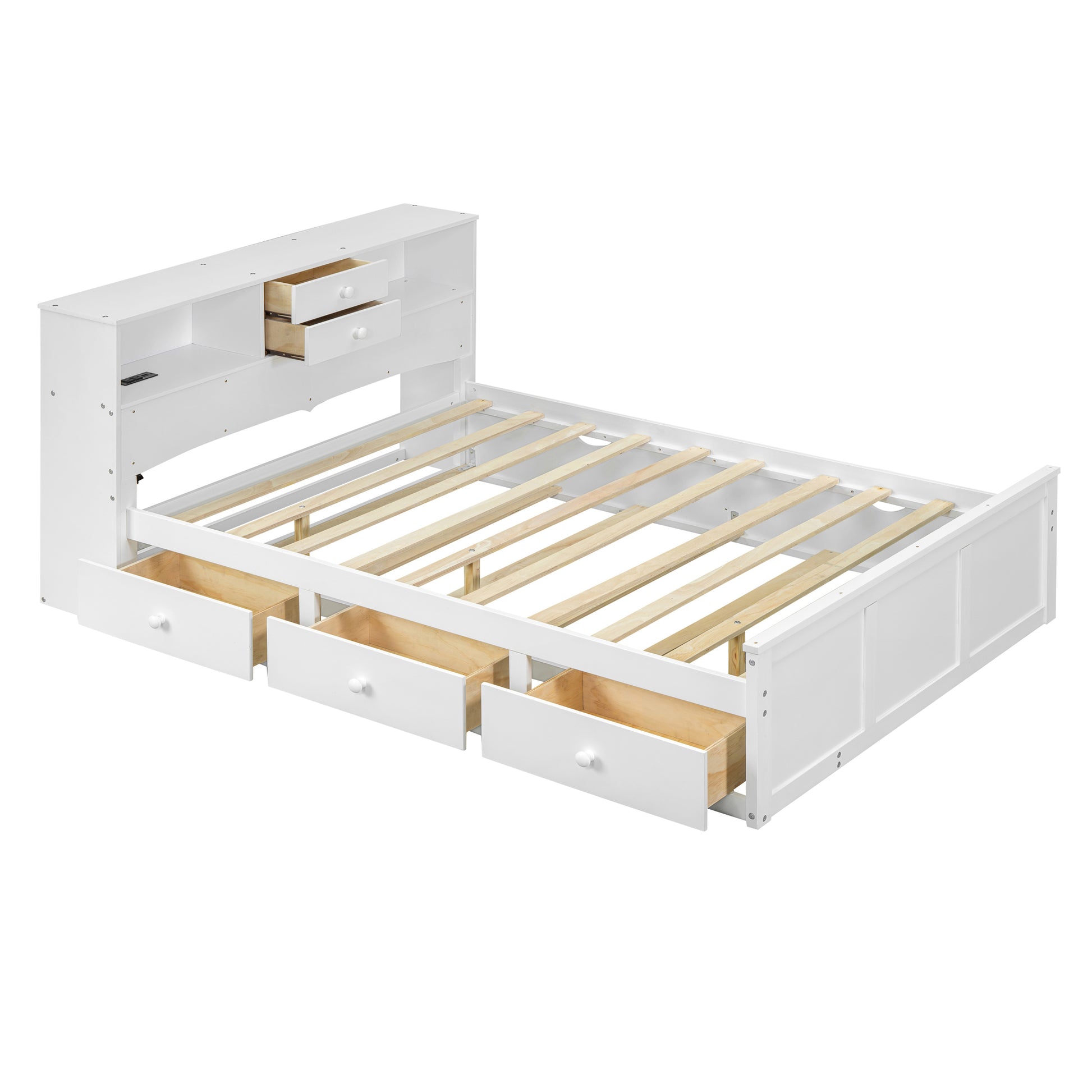 Full Size Wood Pltaform Bed With Win Size Trundle, 3 Drawers, Upper Shelves And A Set Of Usb Ports & Sockets, White White Solid Wood Mdf