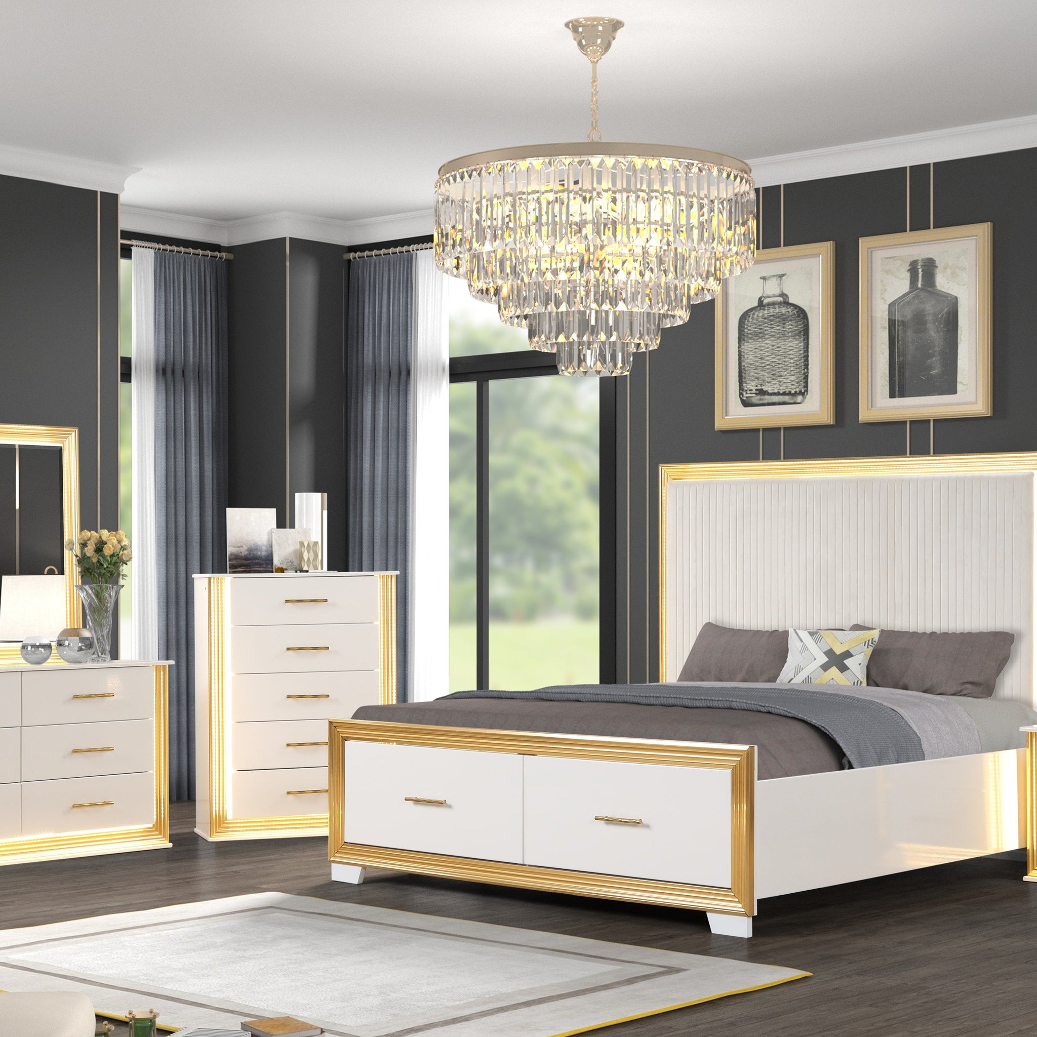 Contemporary Style 5Pc Queen Bedroom Set Made With Wood & Gold Finish Box Spring Not Required Queen White Wood 5 Piece Set Bedroom Bed Included,Chest Included,Dresser Included,Mirror Included,Nightstand Included Contemporary,Modern Solid Wood Mdf Built