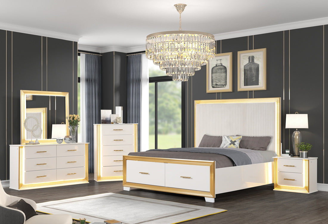 Contemporary Style 5Pc King Bedroom Set Made With Wood & Gold Finish Box Spring Not Required King White Wood 5 Piece Set Bedroom Bed Included,Chest Included,Dresser Included,Mirror