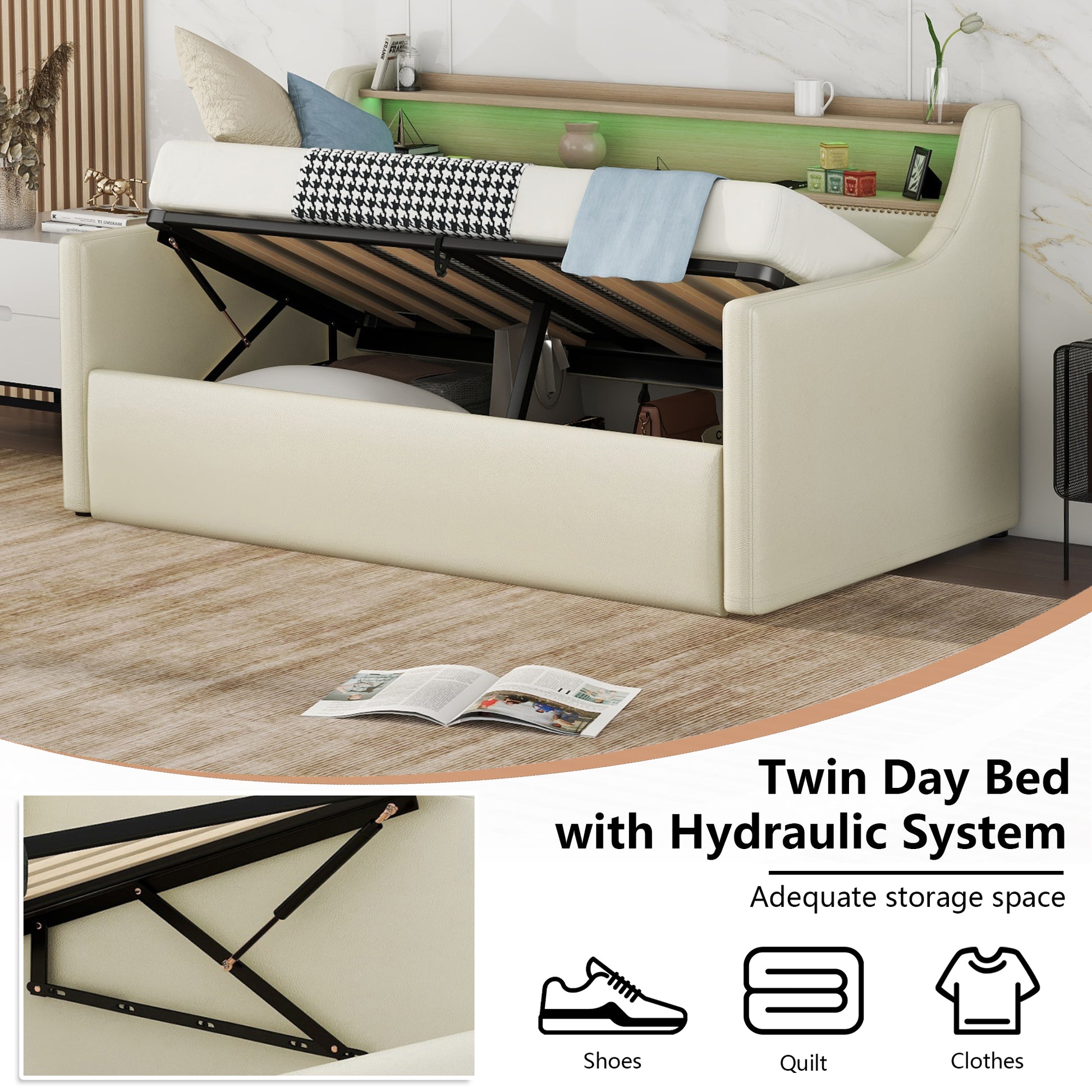 Twin Size Daybed With Hydraulic Storage, Upholstered Daybed With Lift Up Storage, Twin Leather Daybed With Charging Station And Led Lights,Beige Twin Beige Pu Leather