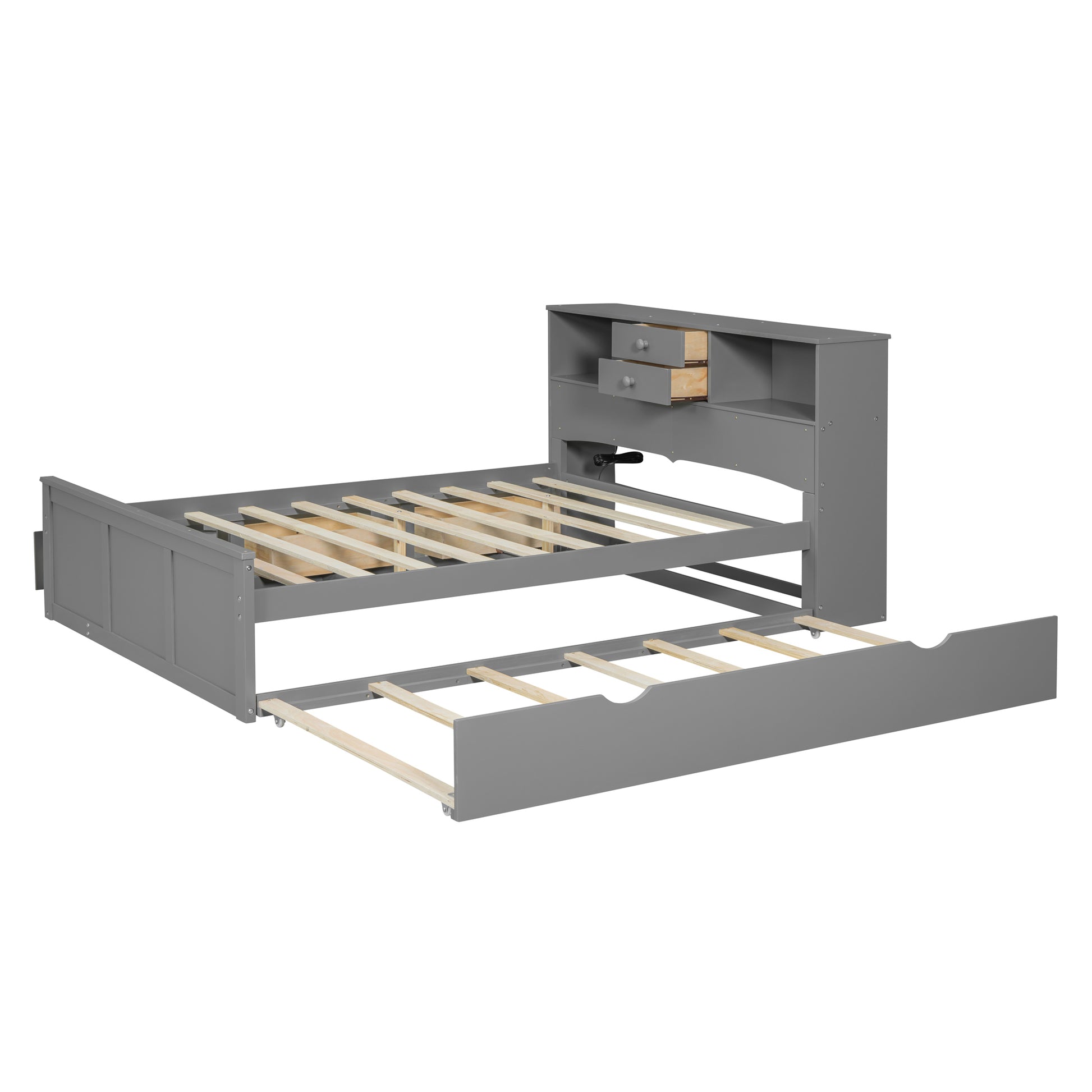 Full Size Wood Pltaform Bed With Win Size Trundle, 3 Drawers, Upper Shelves And A Set Of Usb Ports & Sockets, Gray Gray Solid Wood Mdf