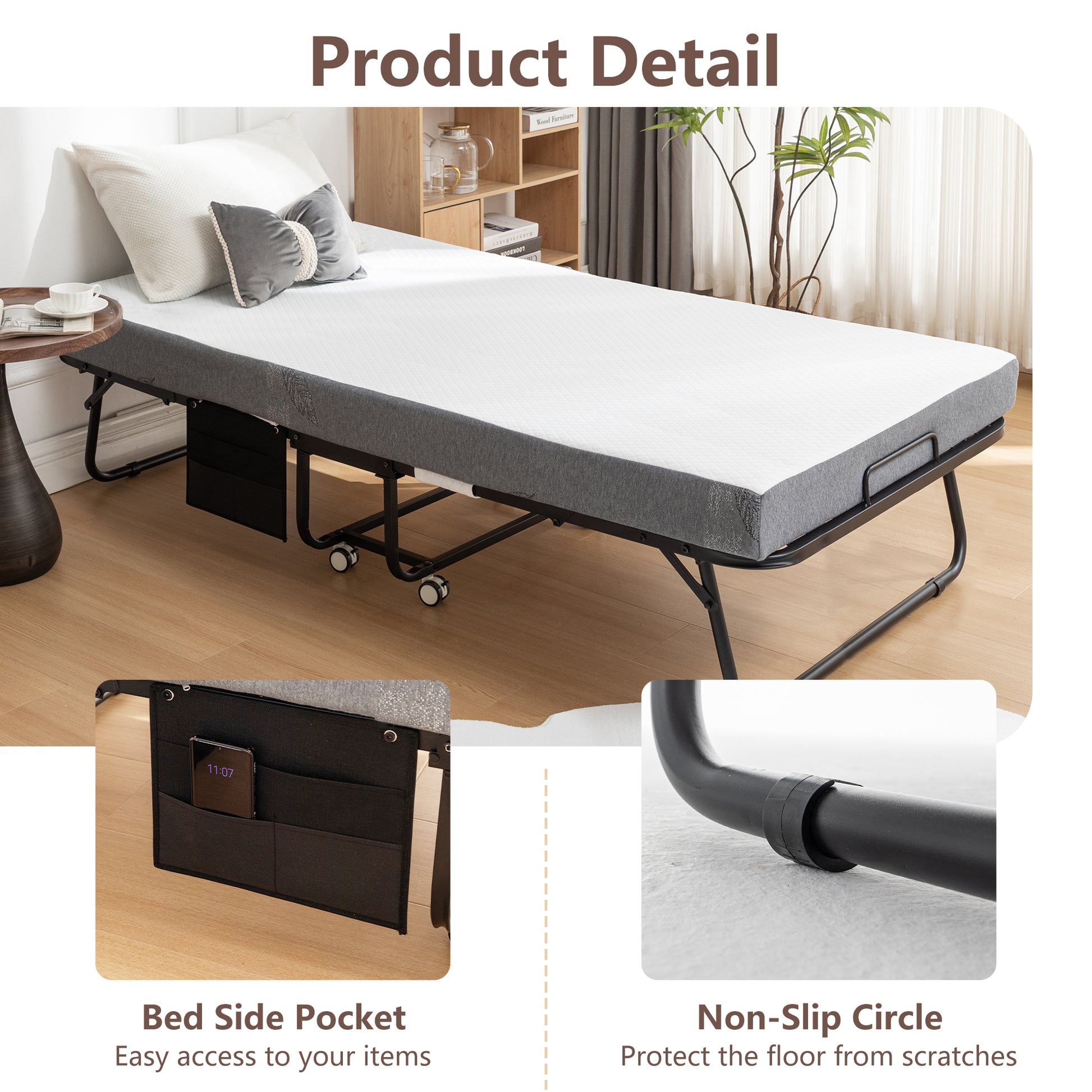 Folding Bed With Mattress, Sportable Foldable Bed With Storage Cover, Srollaway Bed For Adults With Memory Foam Mattress And Metal Frame, Scot Size Guest Bed On Wheels, 75 X 38 Black Metal Foam