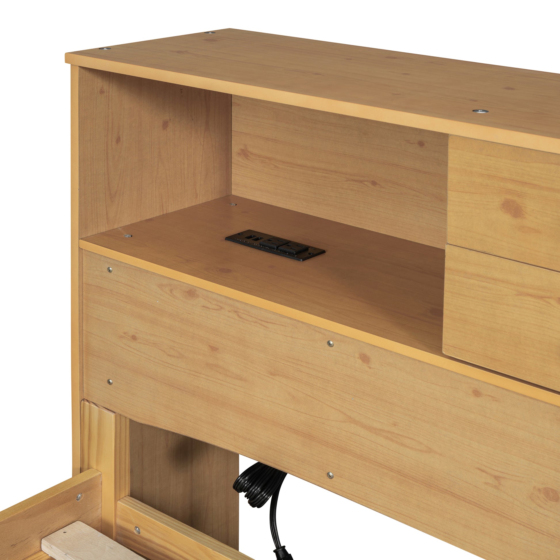 Full Size Wood Pltaform Bed With Twin Size Trundle, 3 Drawers, Upper Shelves And A Set Of Usb Ports & Sockets, Natural Natural Solid Wood Mdf