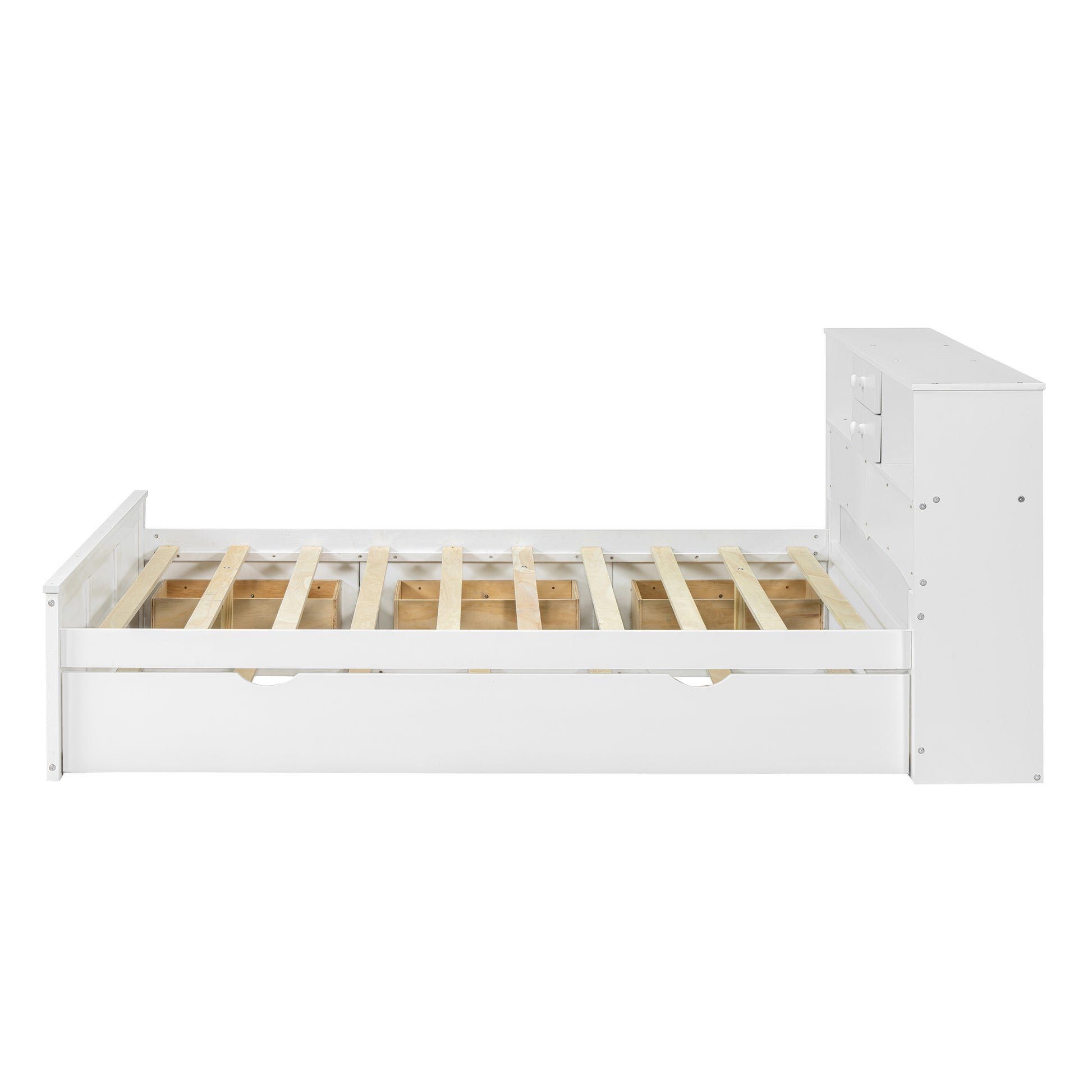 Full Size Wood Pltaform Bed With Win Size Trundle, 3 Drawers, Upper Shelves And A Set Of Usb Ports & Sockets, White White Solid Wood Mdf