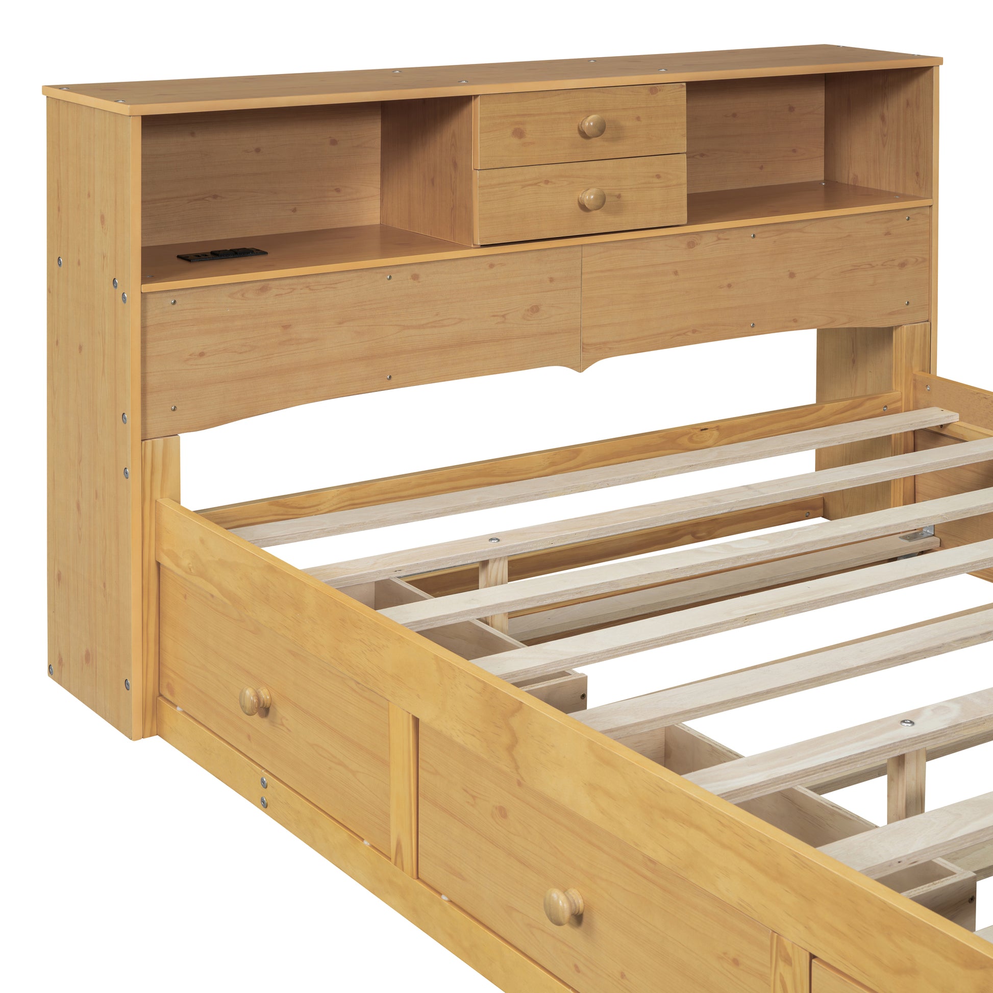 Full Size Wood Pltaform Bed With Twin Size Trundle, 3 Drawers, Upper Shelves And A Set Of Usb Ports & Sockets, Natural Natural Solid Wood Mdf