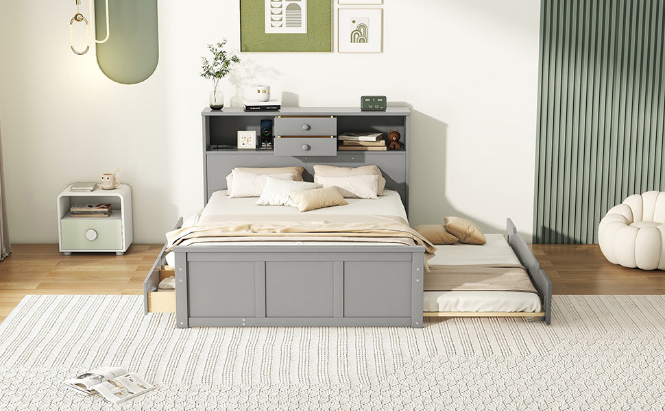Full Size Wood Pltaform Bed With Win Size Trundle, 3 Drawers, Upper Shelves And A Set Of Usb Ports & Sockets, Gray Gray Solid Wood Mdf