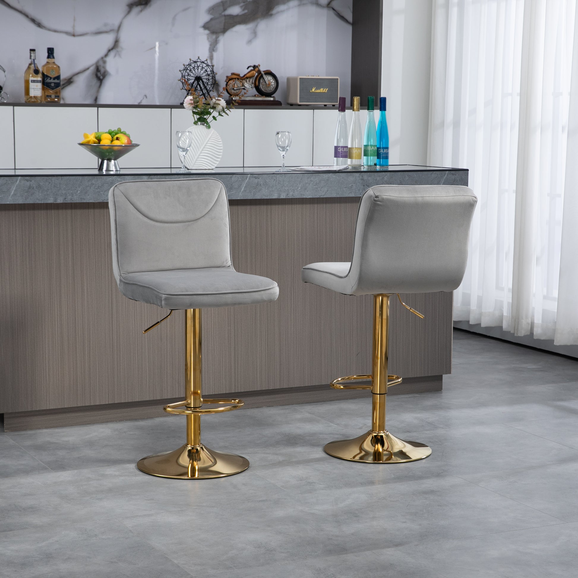 Coolmore Bar Stools With Back And Footrest Counter Height Dining Chairs 2Pc Set,360 Velvet Swivel Bar Stools Set Of 2, Adjustable Counter Height Bar Chairs Gray Velvet Gray Primary Living Space Foam Velvet
