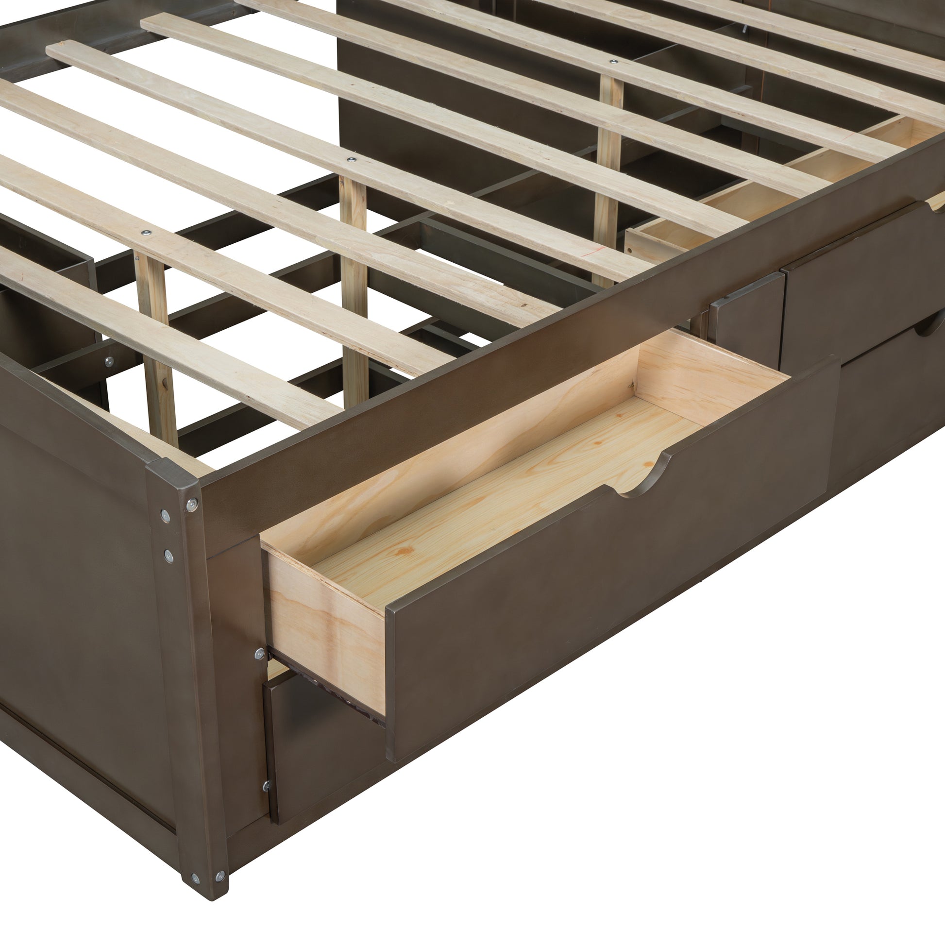 Full Size Wood Daybed With 2 Bedside Cabinets, Upper Shelves And 4 Drawers, Antique Brown Antique Brown Solid Wood Mdf