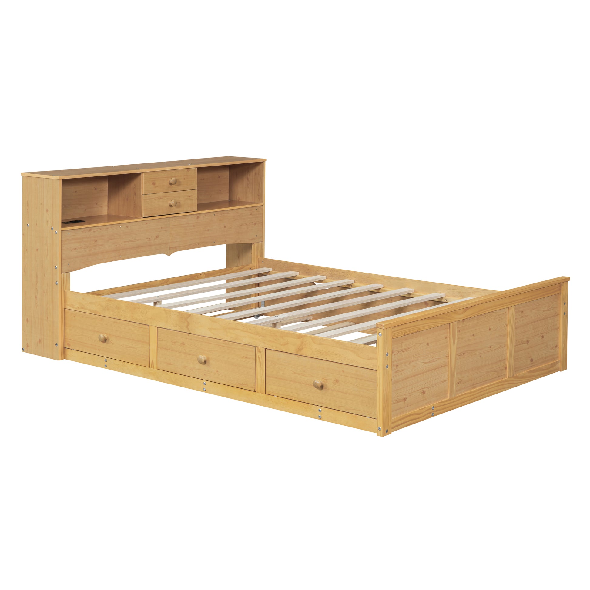 Full Size Wood Pltaform Bed With Twin Size Trundle, 3 Drawers, Upper Shelves And A Set Of Usb Ports & Sockets, Natural Natural Solid Wood Mdf
