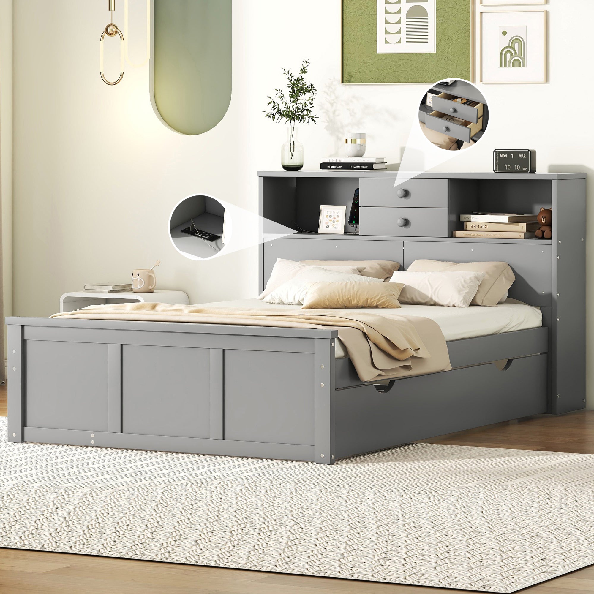 Full Size Wood Pltaform Bed With Win Size Trundle, 3 Drawers, Upper Shelves And A Set Of Usb Ports & Sockets, Gray Gray Solid Wood Mdf
