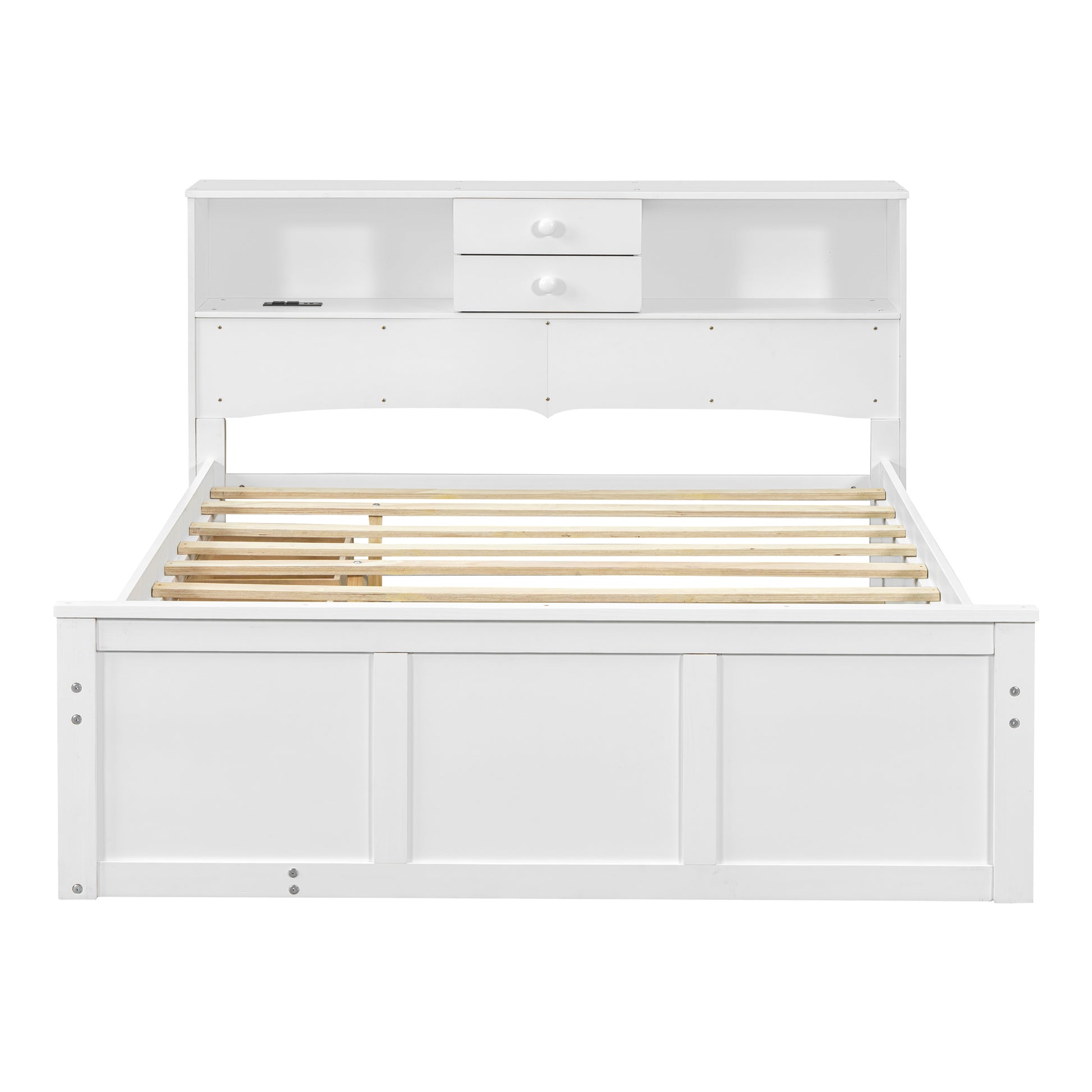 Full Size Wood Pltaform Bed With Win Size Trundle, 3 Drawers, Upper Shelves And A Set Of Usb Ports & Sockets, White White Solid Wood Mdf