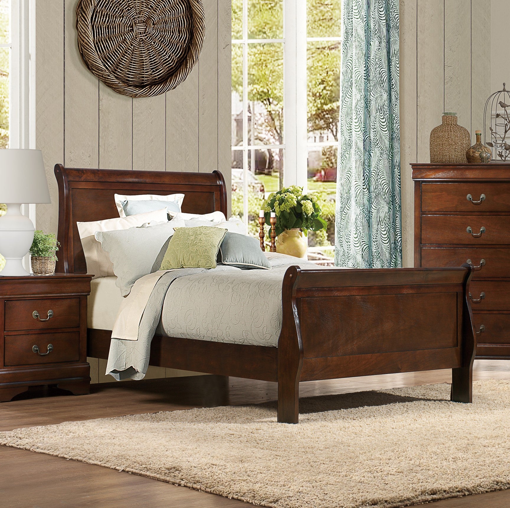 Classic Louis Philipe Style Twin Size Bed Brown Cherry Finish 1Pc Traditional Design Bedroom Furniture Sleigh Bed Box Spring Required Twin Brown Wood Bedroom Traditional,Transitional Bed Frame Wood