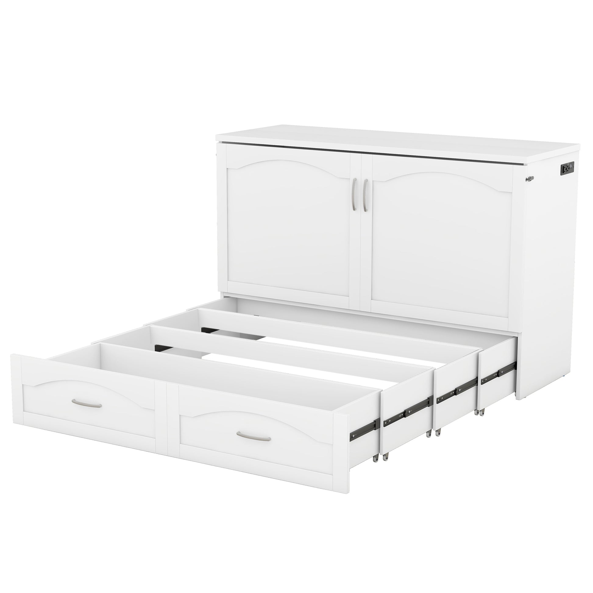 Queen Size Murphy Bed Wall Bed With Drawer And A Set Of Sockets & Usb Ports, Pulley Structure Design, White White Solid Wood Mdf
