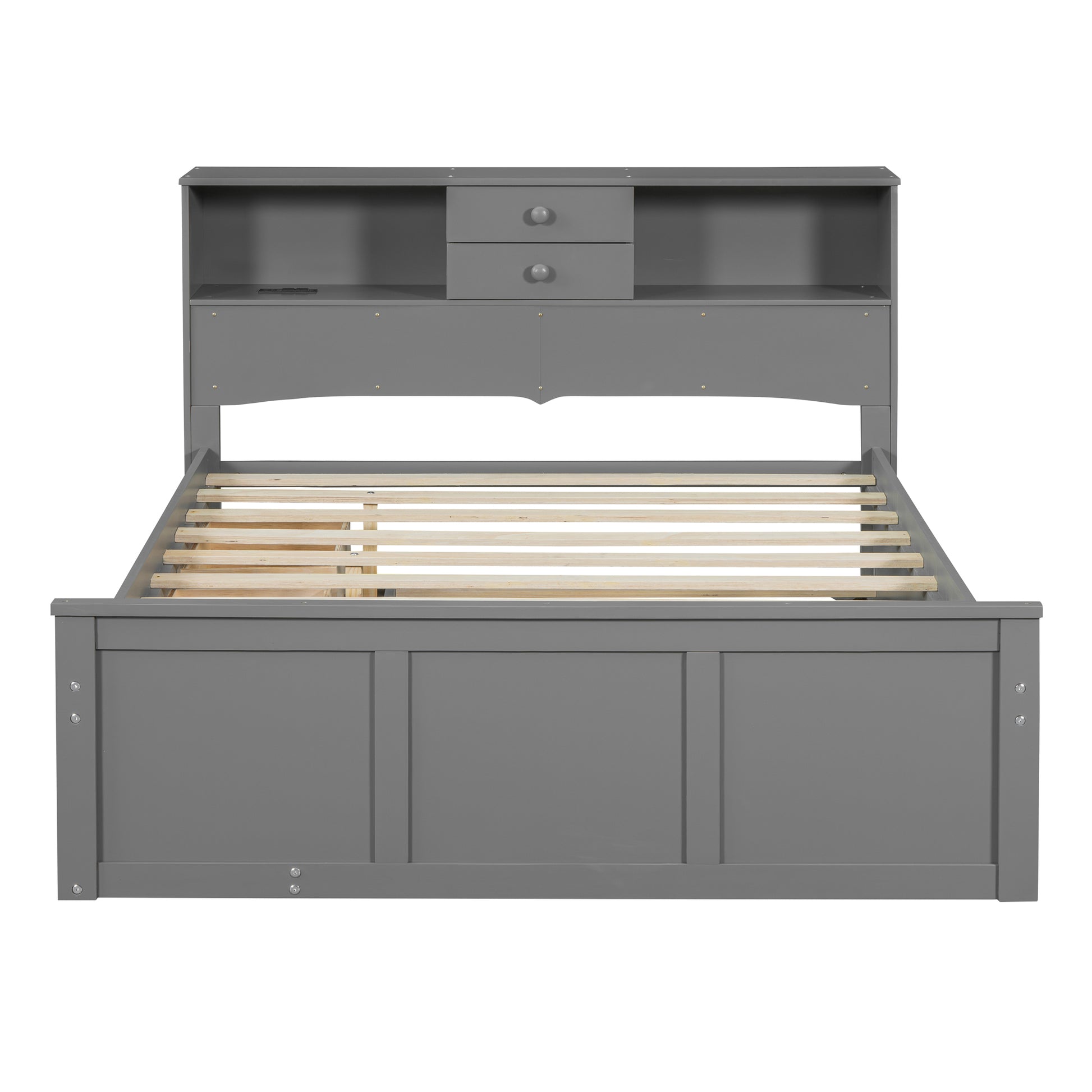 Full Size Wood Pltaform Bed With Win Size Trundle, 3 Drawers, Upper Shelves And A Set Of Usb Ports & Sockets, Gray Gray Solid Wood Mdf
