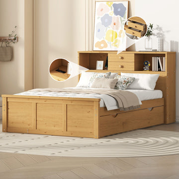 Full Size Wood Pltaform Bed With Twin Size Trundle, 3 Drawers, Upper Shelves And A Set Of Usb Ports & Sockets, Natural Natural Solid Wood Mdf