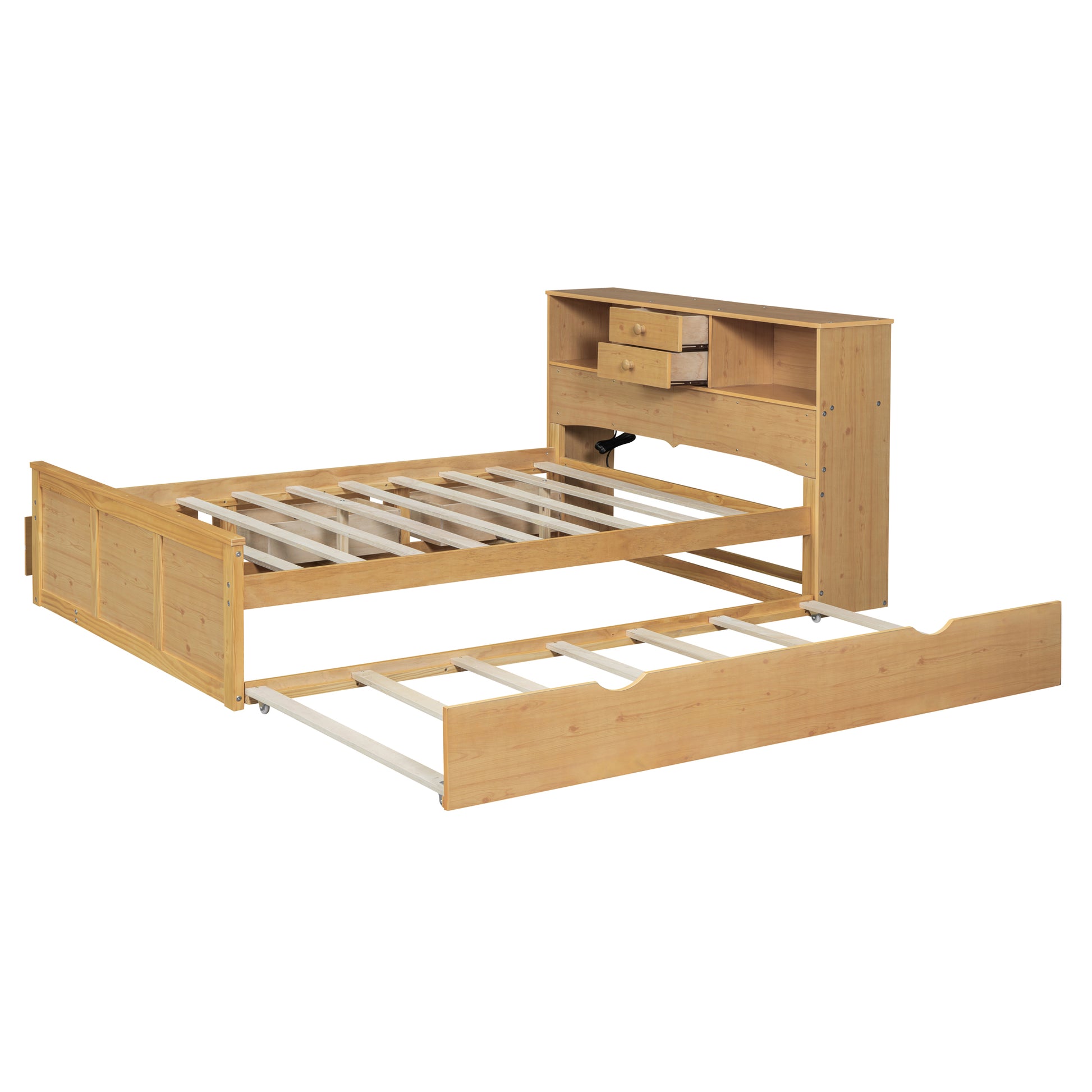 Full Size Wood Pltaform Bed With Twin Size Trundle, 3 Drawers, Upper Shelves And A Set Of Usb Ports & Sockets, Natural Natural Solid Wood Mdf
