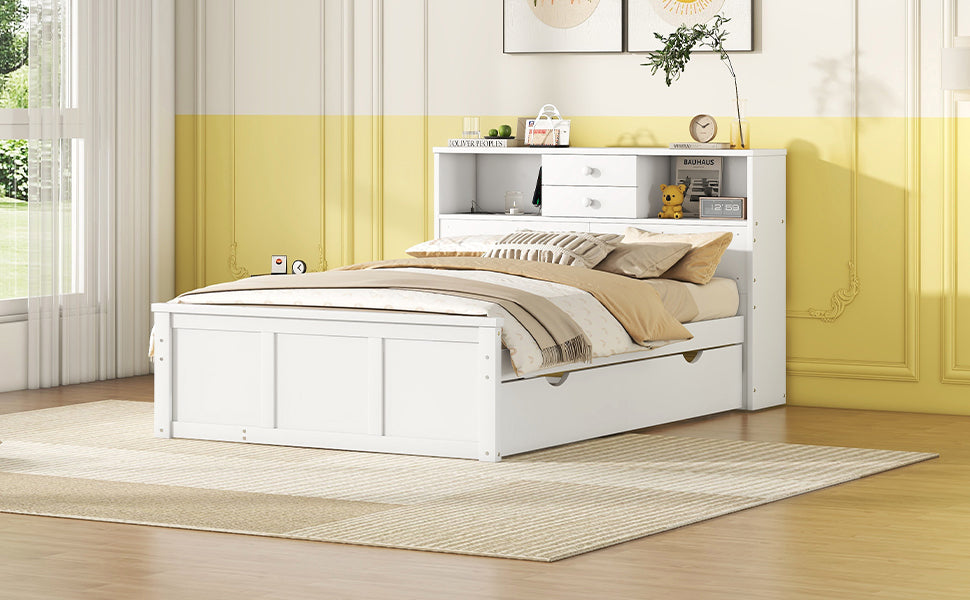 Full Size Wood Pltaform Bed With Win Size Trundle, 3 Drawers, Upper Shelves And A Set Of Usb Ports & Sockets, White White Solid Wood Mdf