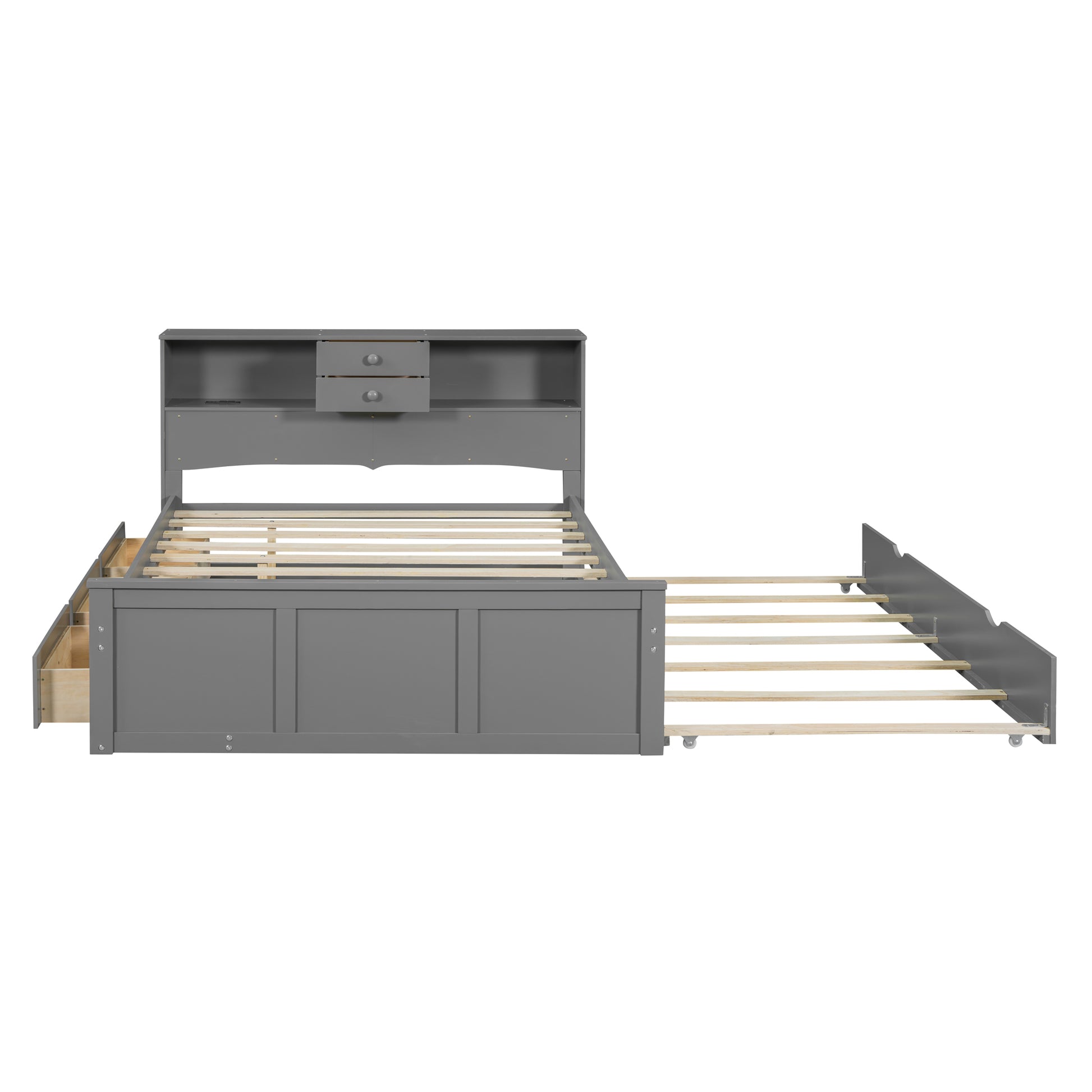 Full Size Wood Pltaform Bed With Win Size Trundle, 3 Drawers, Upper Shelves And A Set Of Usb Ports & Sockets, Gray Gray Solid Wood Mdf