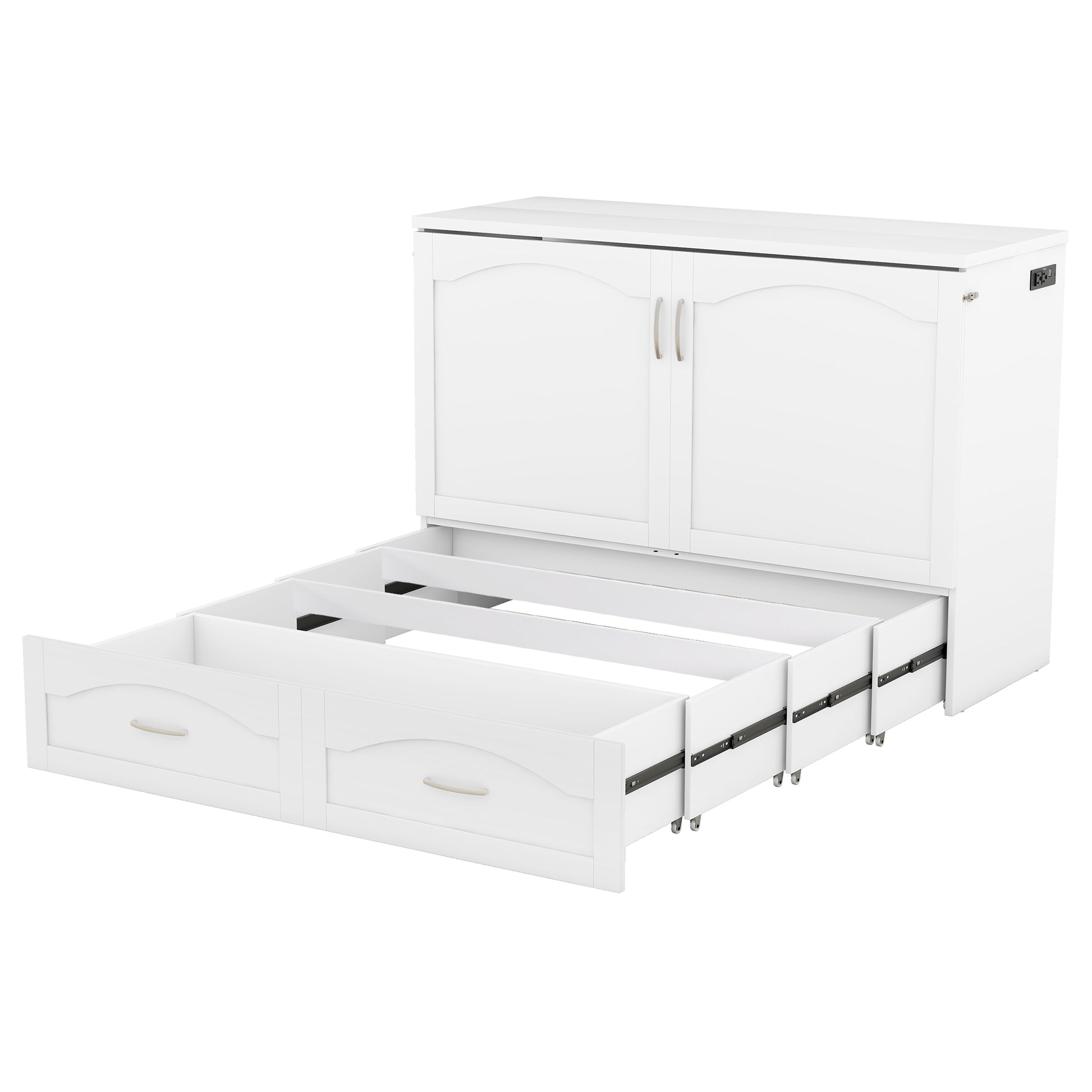 Full Size Murphy Bed Wall Bed With Drawer And A Set Of Sockets & Usb Ports, Pulley Structure Design, White White Solid Wood Mdf