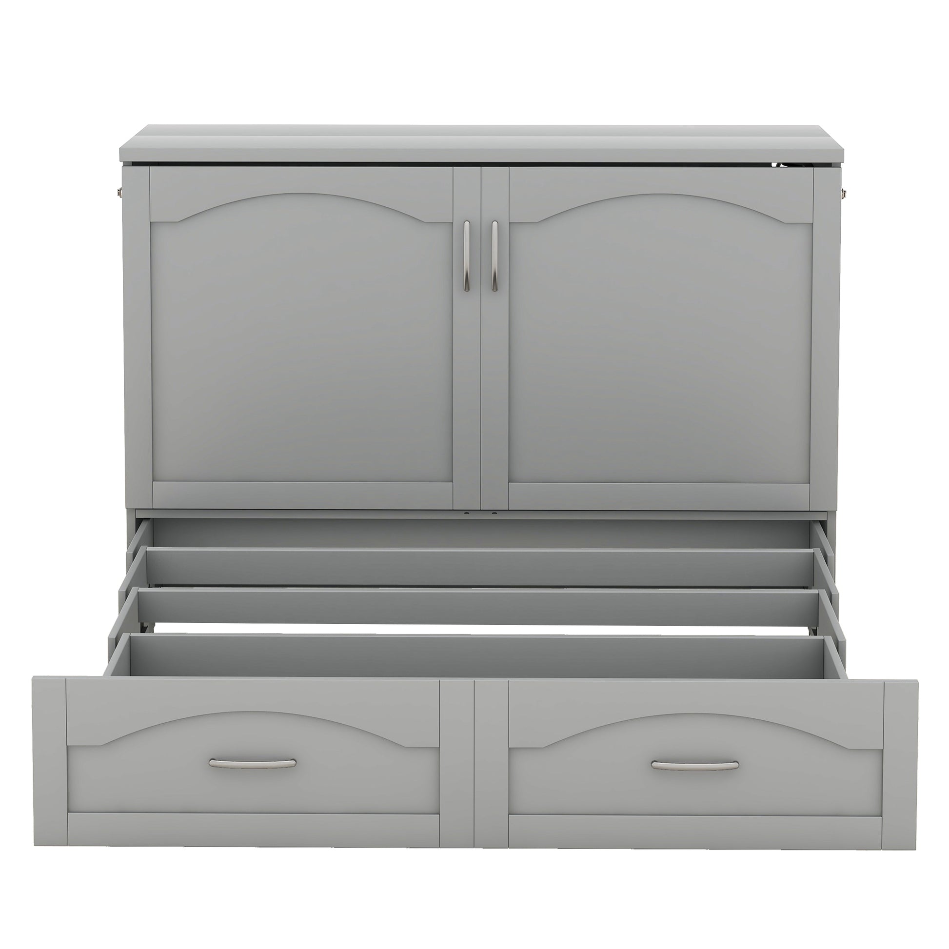 Full Size Murphy Bed Wall Bed With Drawer And A Set Of Sockets & Usb Ports, Pulley Structure Design, Gray Gray Solid Wood Mdf