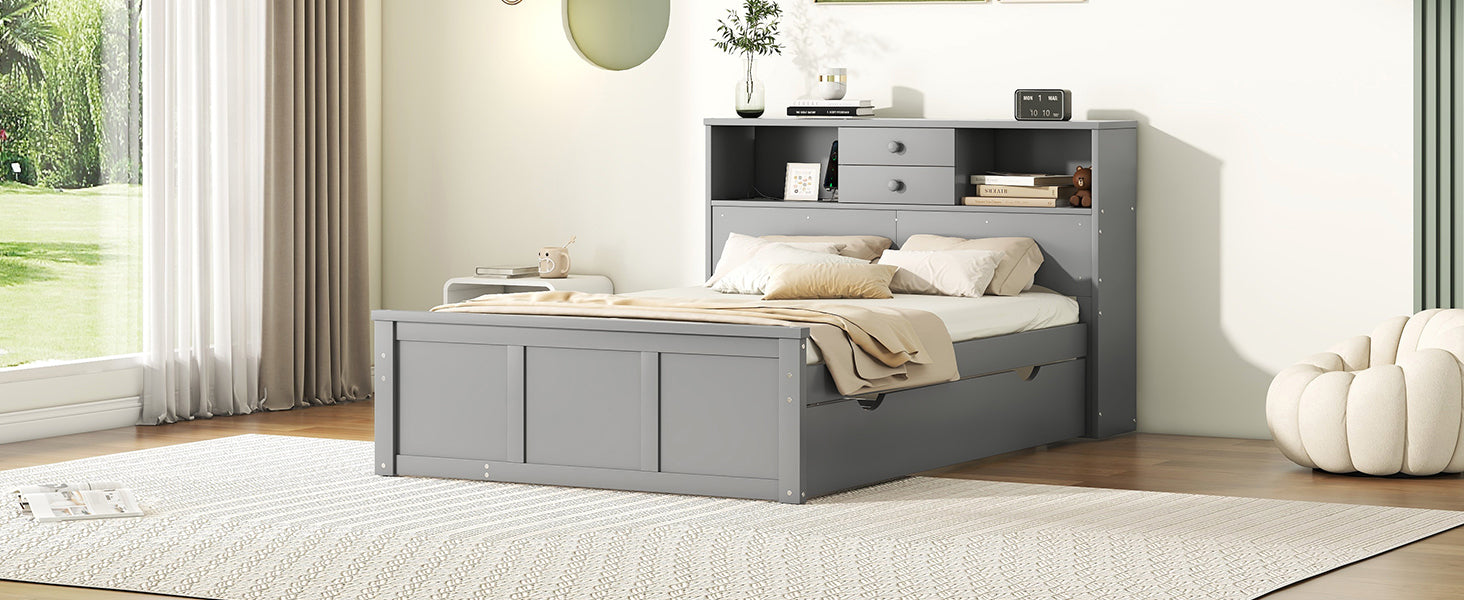 Full Size Wood Pltaform Bed With Win Size Trundle, 3 Drawers, Upper Shelves And A Set Of Usb Ports & Sockets, Gray Gray Solid Wood Mdf