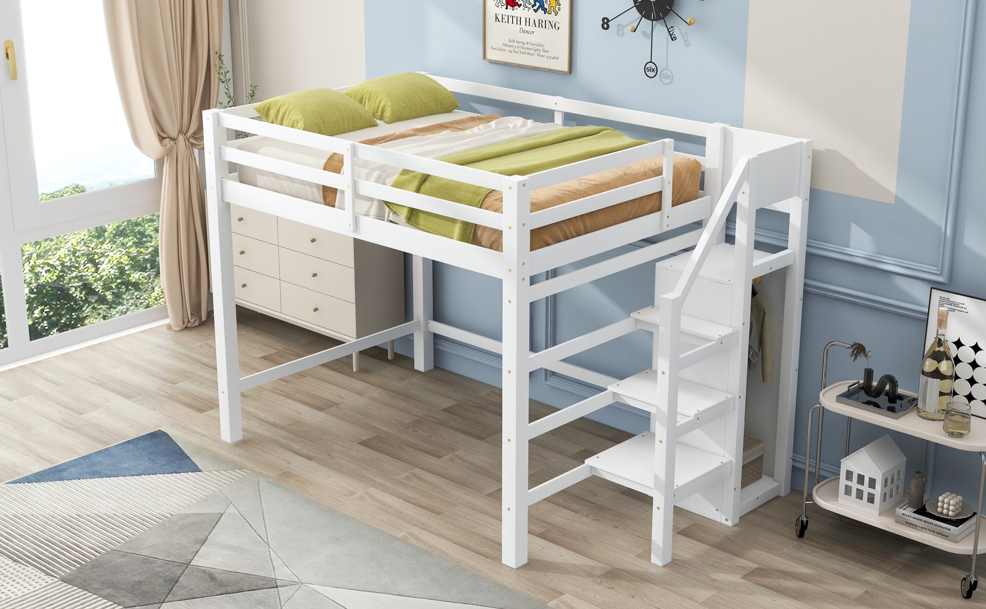 Full Size Loft Bed With Built In Storage Wardrobe And Staircase, White Box Spring Not Required Full White Wood Bedroom Pine